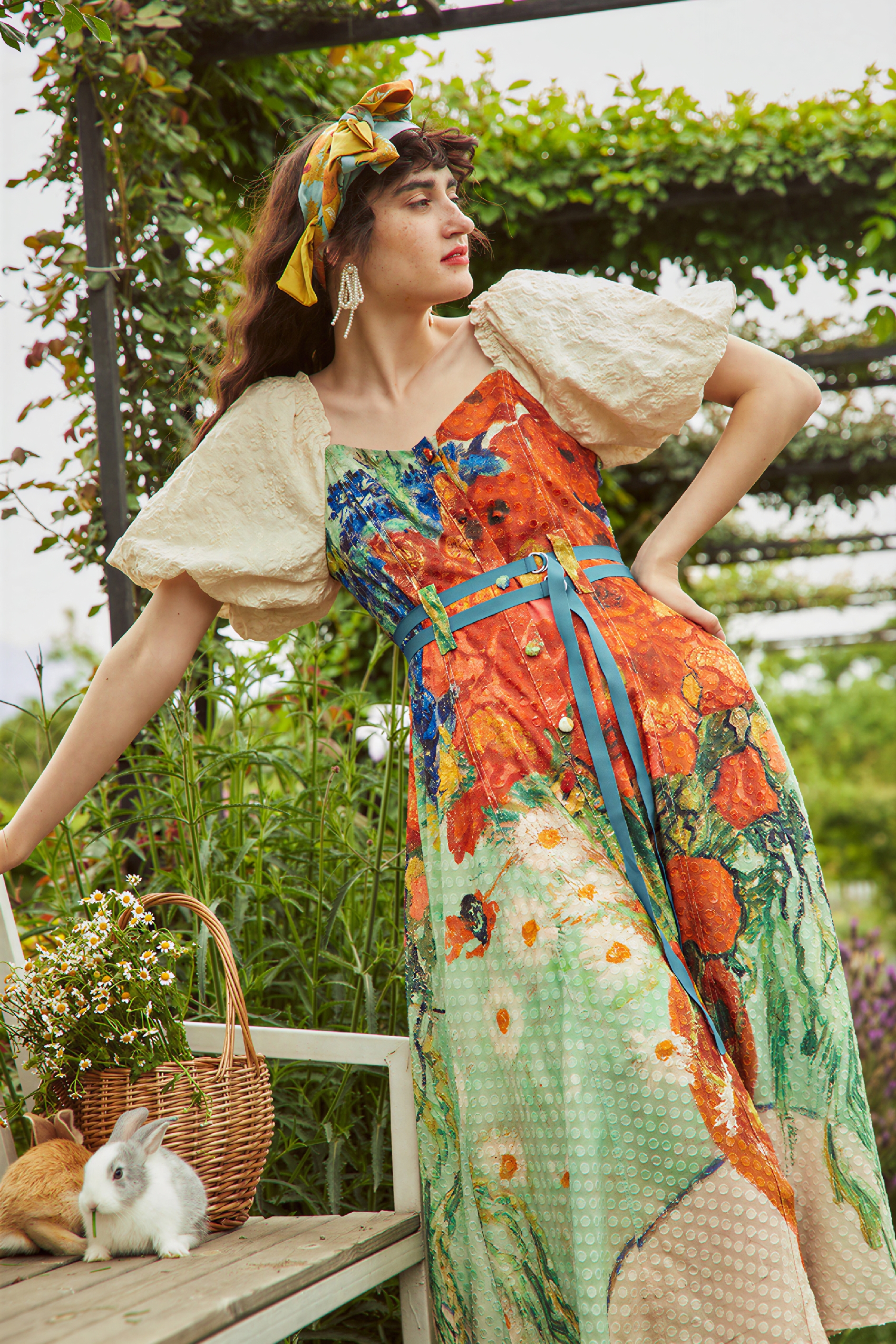 Van Gogh-Inspired Floral Waist-Defined Dress-LYONSENS