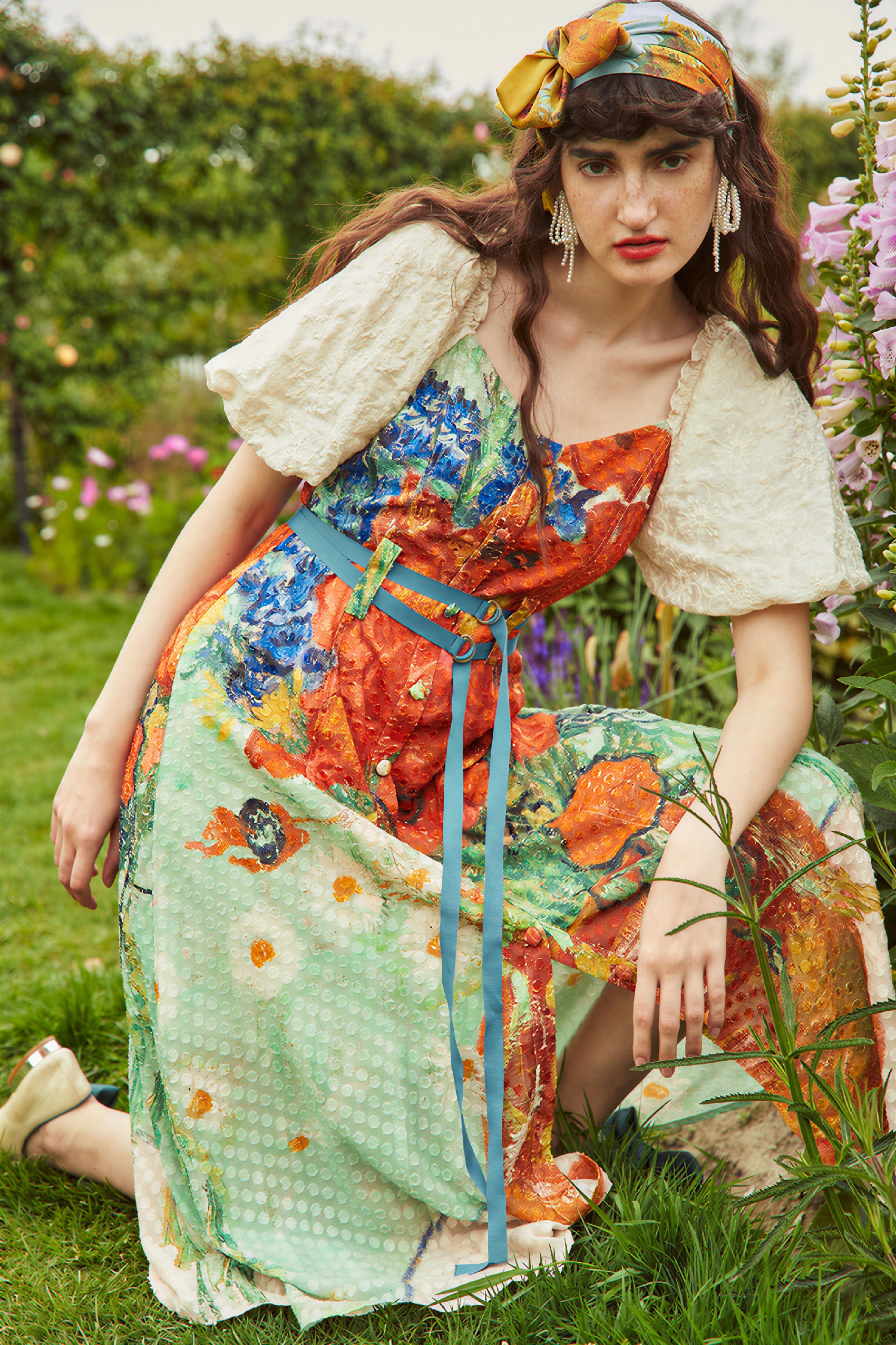 Van Gogh-Inspired Floral Waist-Defined Dress-LYONSENS