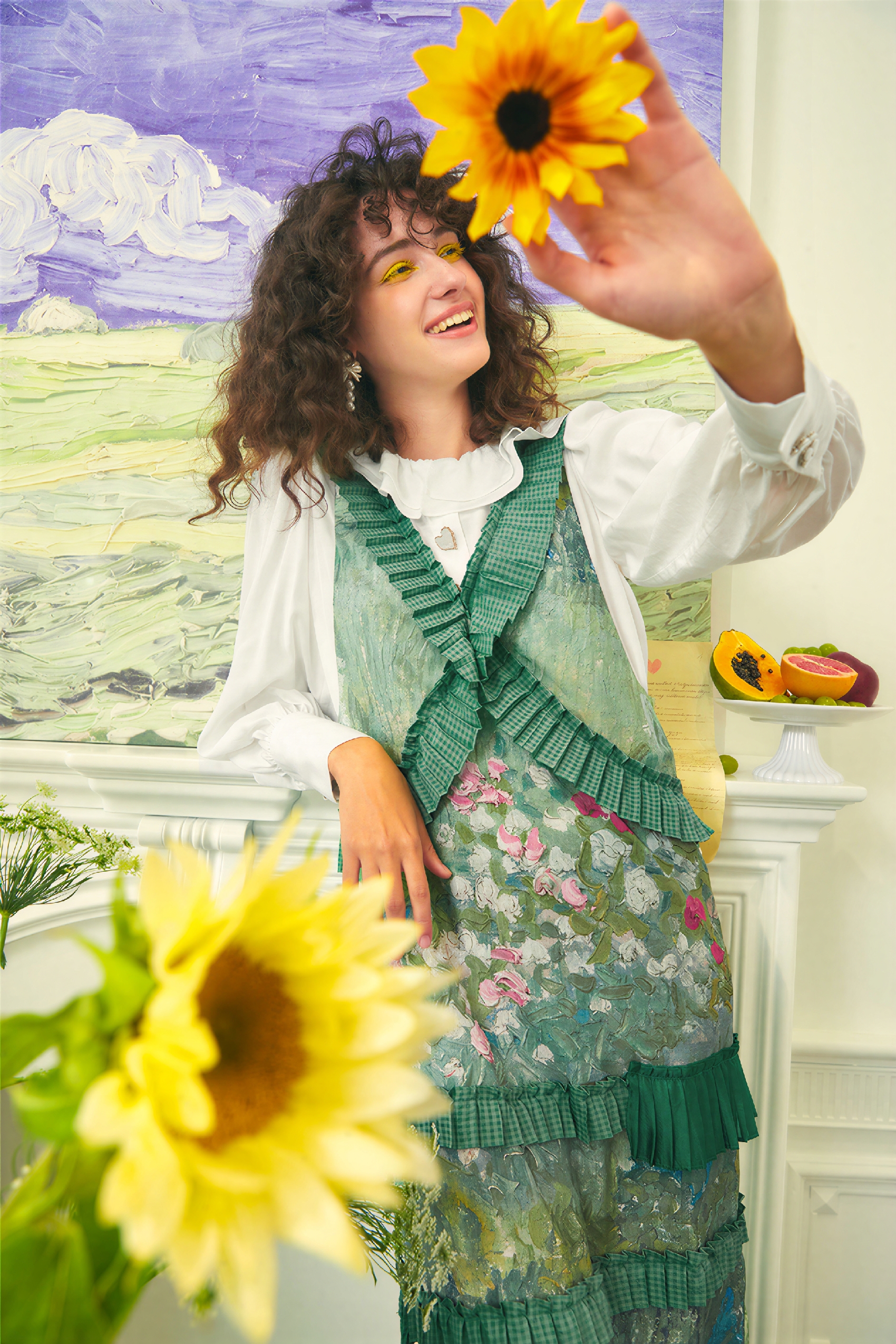 Van Gogh-Inspired Pleated Patchwork Print Sleeveless Dress