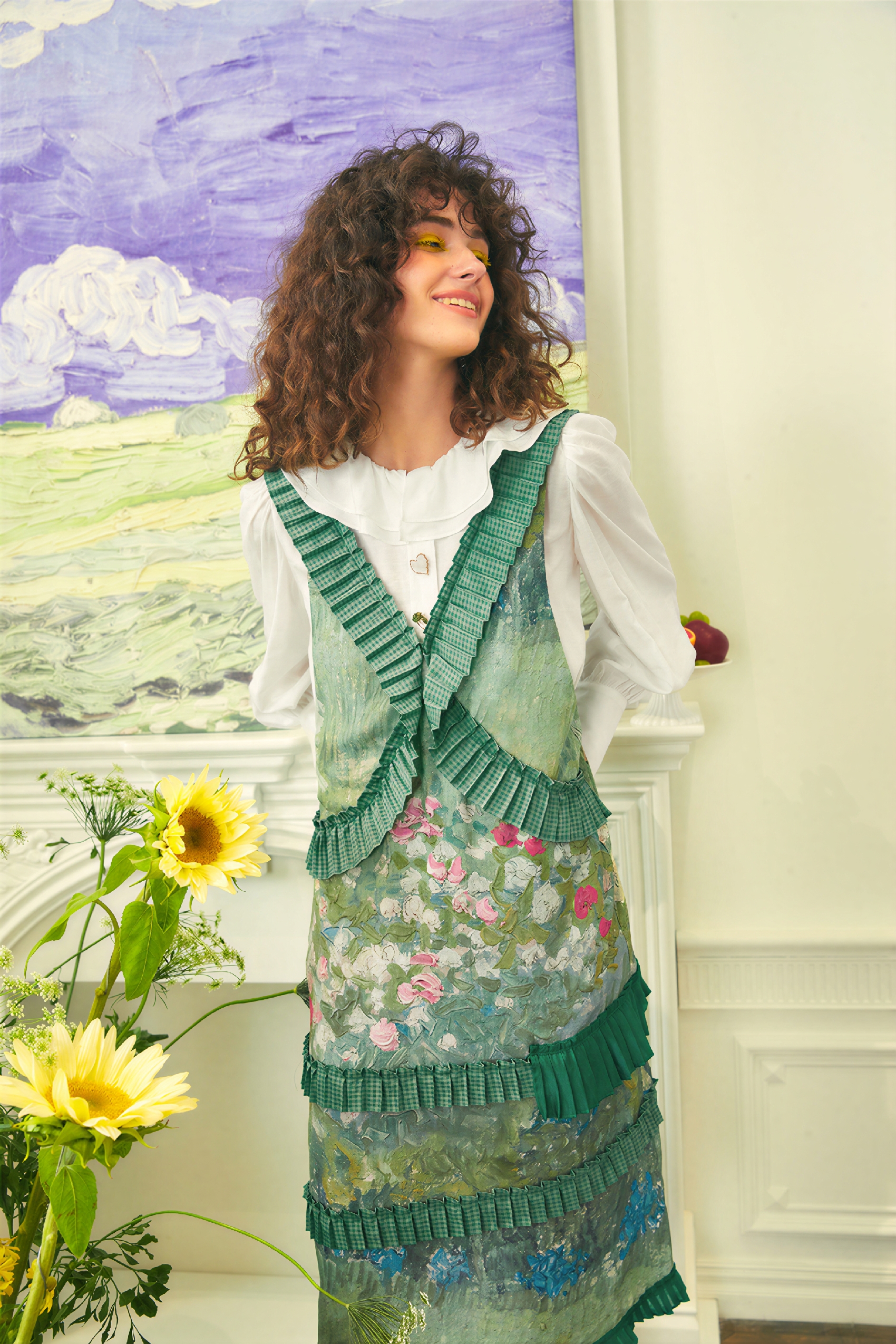 Van Gogh-Inspired Pleated Patchwork Print Sleeveless Dress