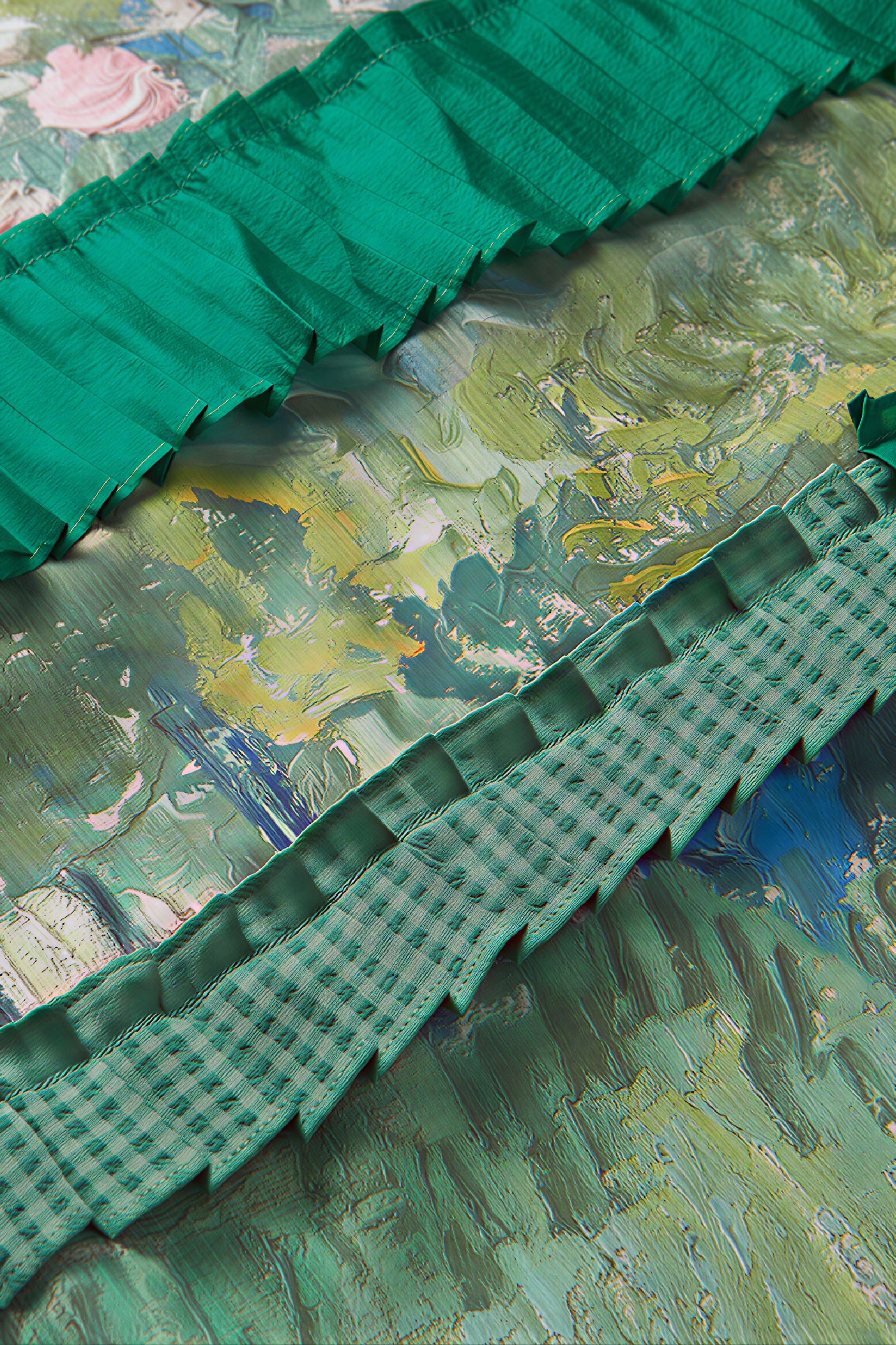 Van Gogh-Inspired Pleated Patchwork Print Sleeveless Dress