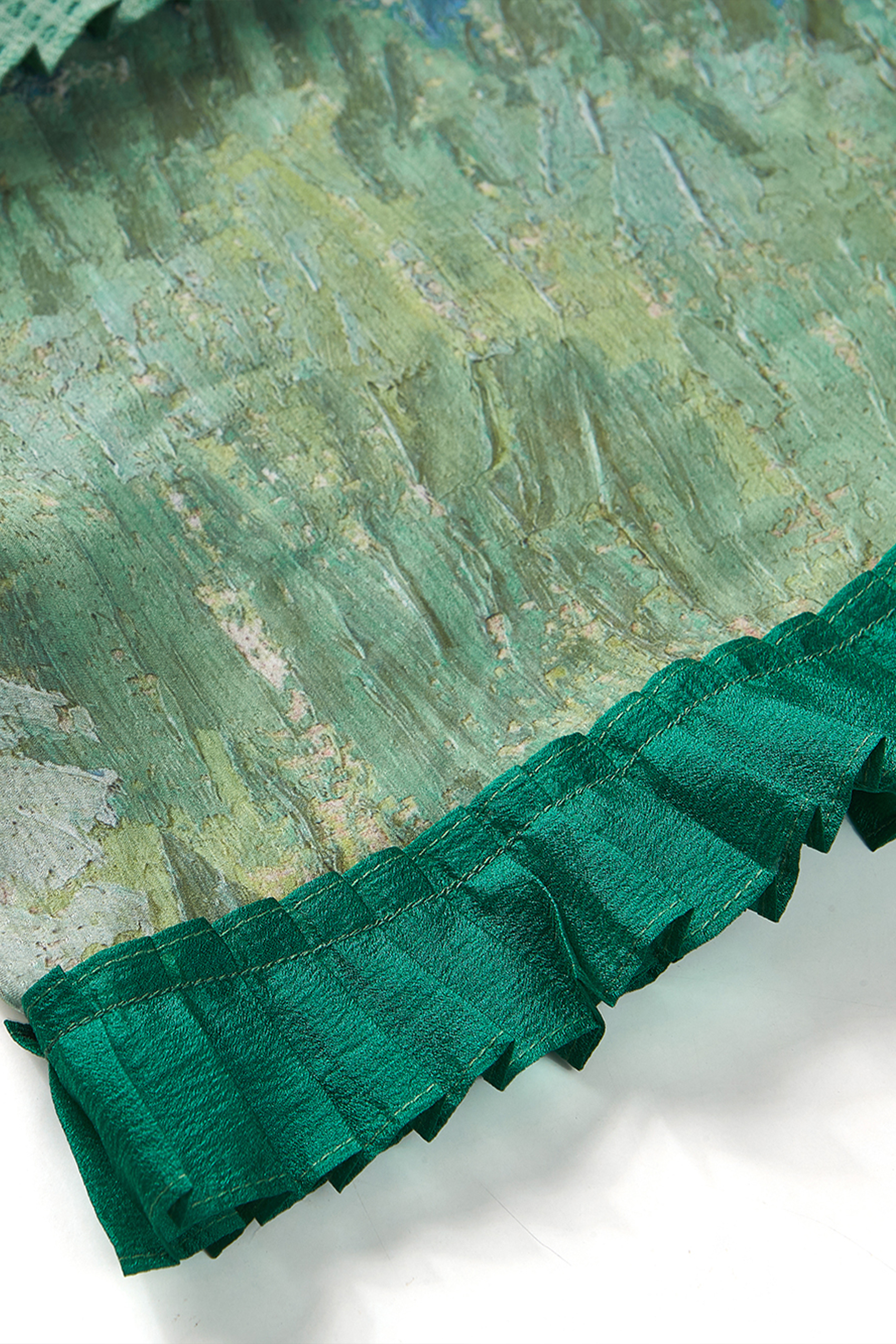 Van Gogh-Inspired Pleated Patchwork Print Sleeveless Dress