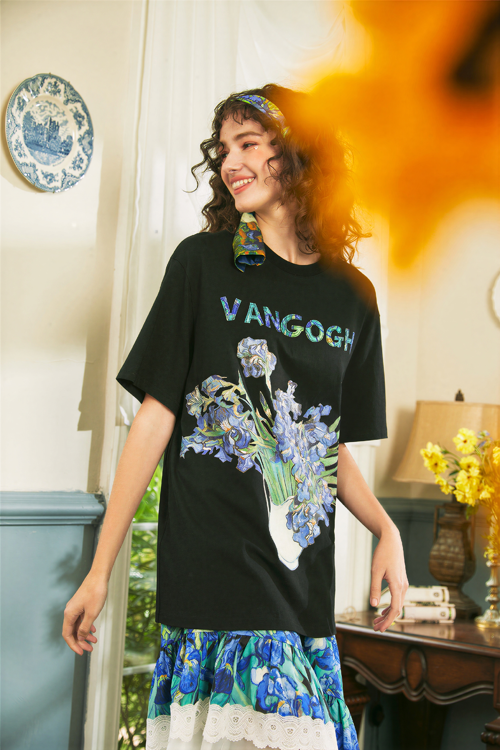 Van Gogh-Inspired Applique Print Cotton T-Shirt | LYONSENS Women's Fashion