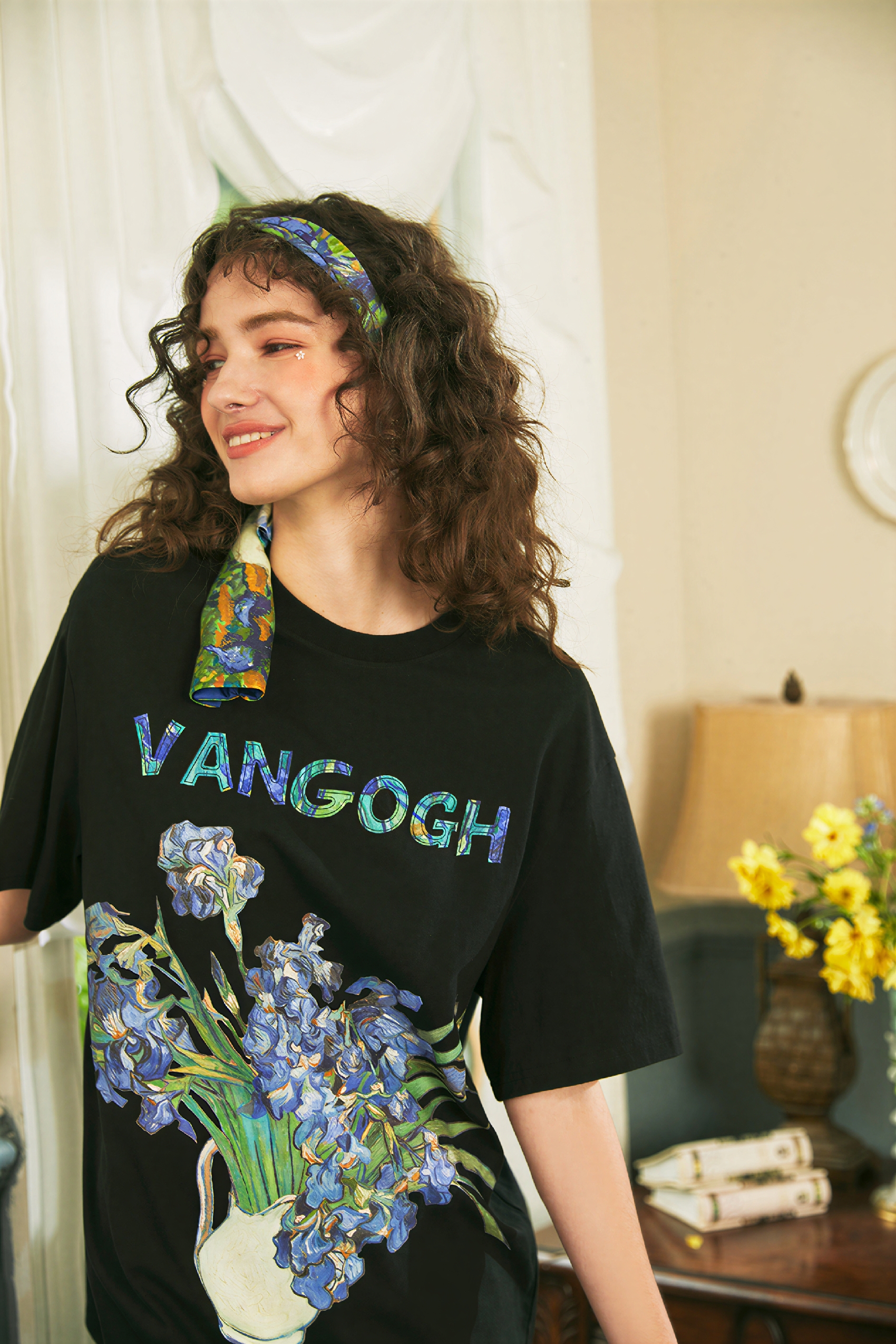Van Gogh-Inspired Applique Print Cotton T-Shirt | LYONSENS Women's Fashion