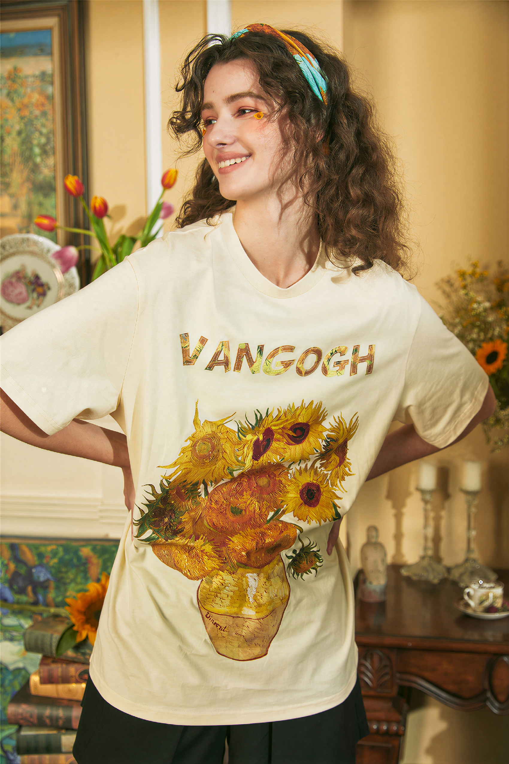 Van Gogh-Inspired Applique Print Cotton T-Shirt | LYONSENS Women's Fashion