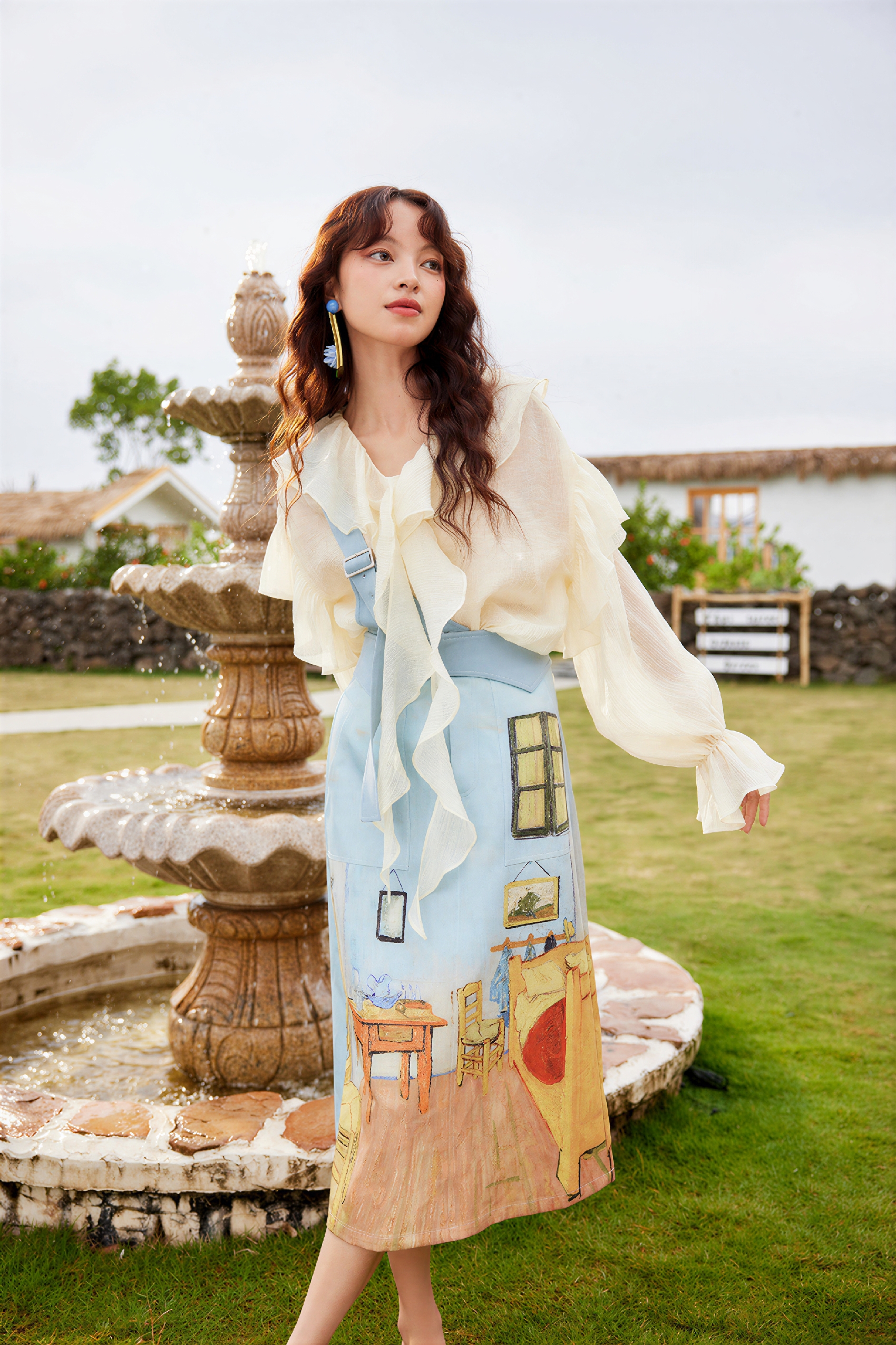 Van Gogh-Inspired High-Waist A-Line Art Print Skirt