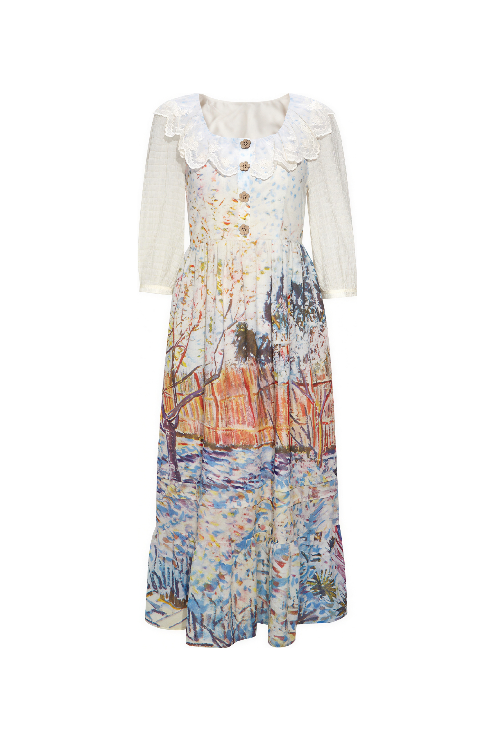 Van Gogh-Inspired Vintage Lace Patchwork A-Line Dress-LYONSENS