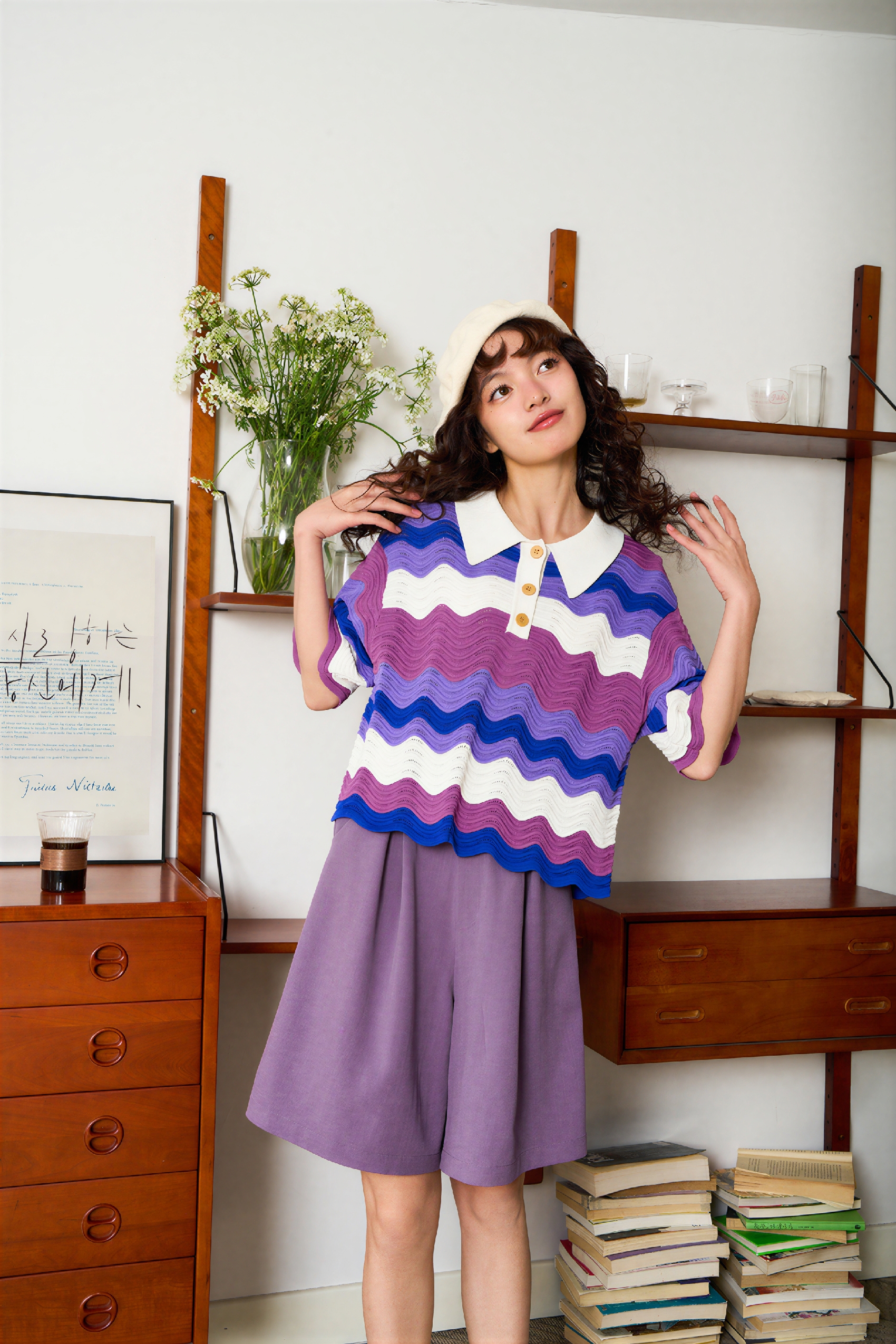 Purple Striped Knit Short-Sleeve Top