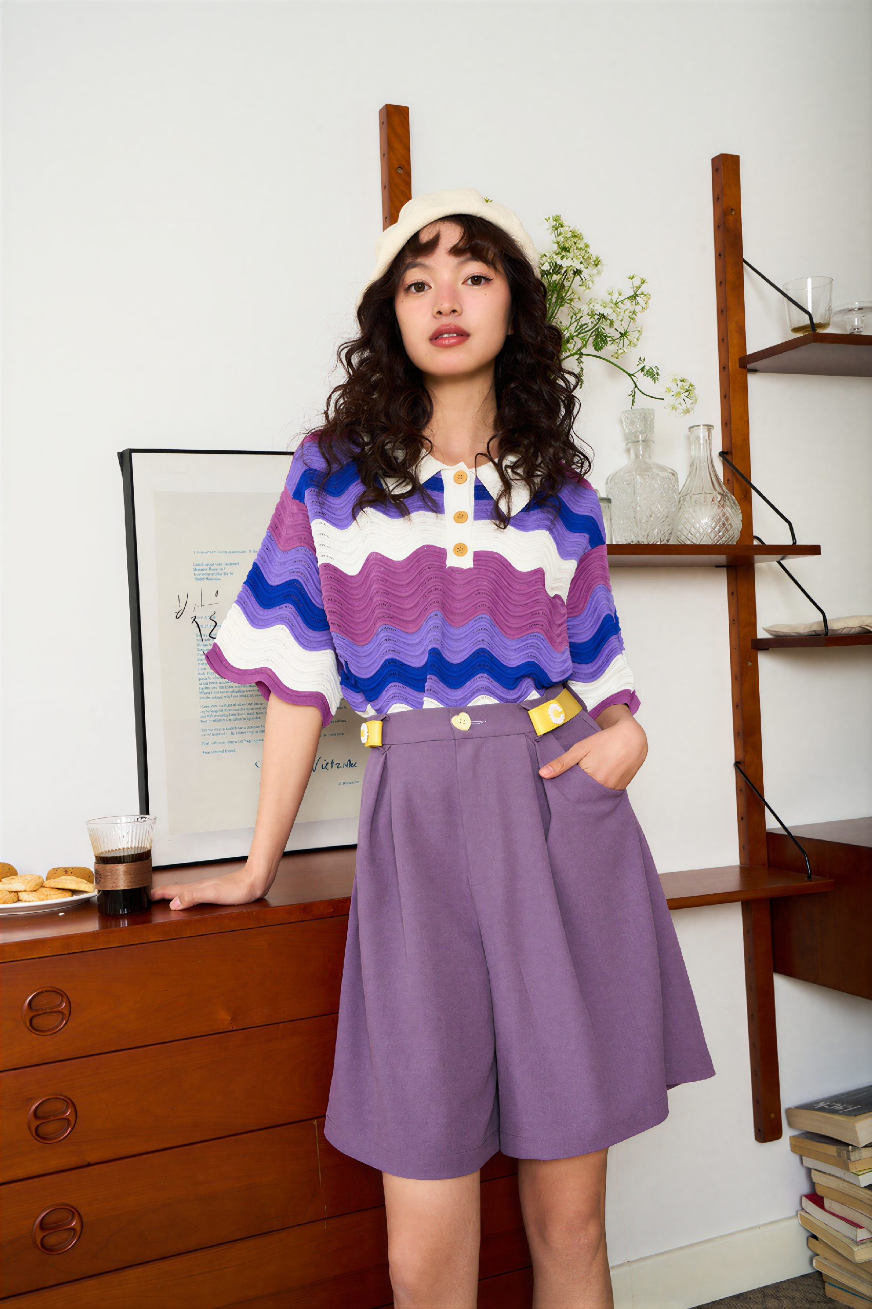 Purple Striped Knit Short-Sleeve Top