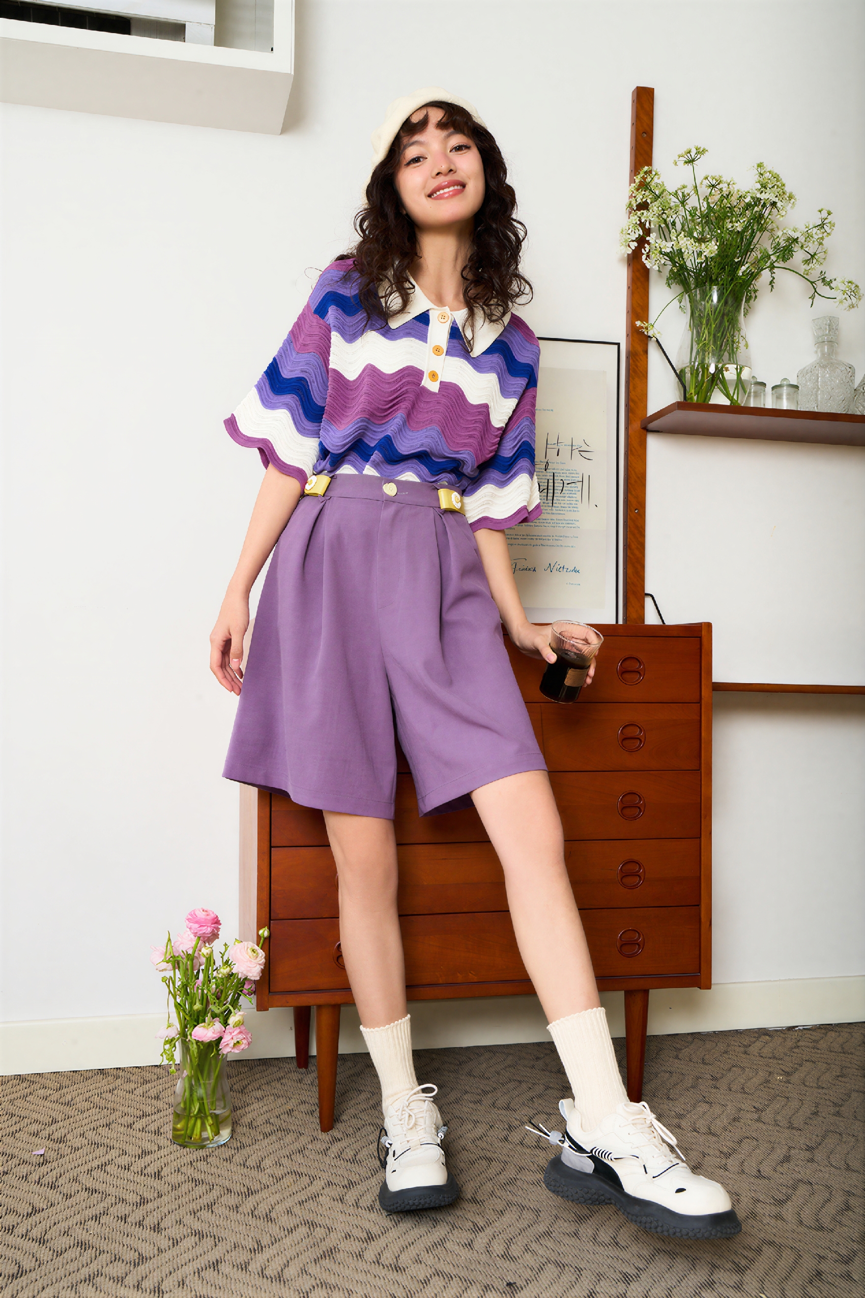 Purple Striped Knit Short-Sleeve Top