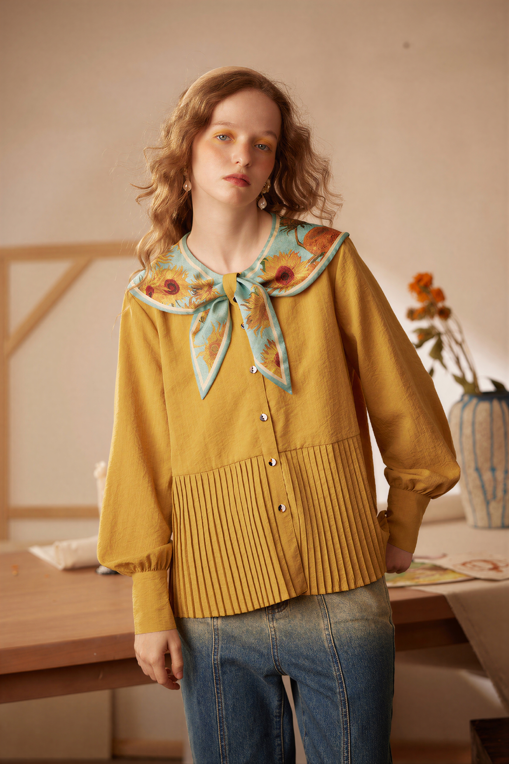 Van Gogh-Inspired Blue Sailor Collar Shirt