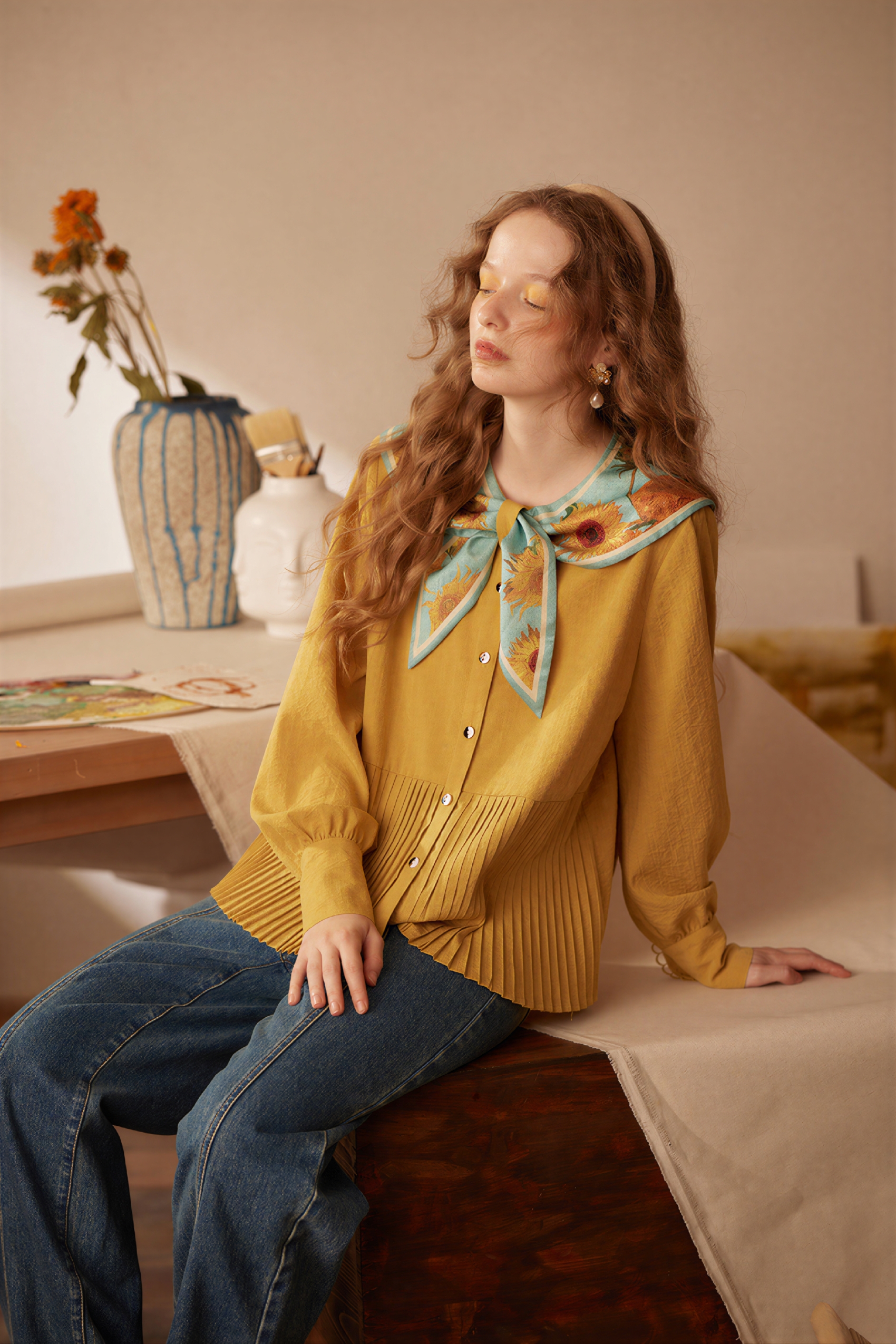 Van Gogh-Inspired Blue Sailor Collar Shirt