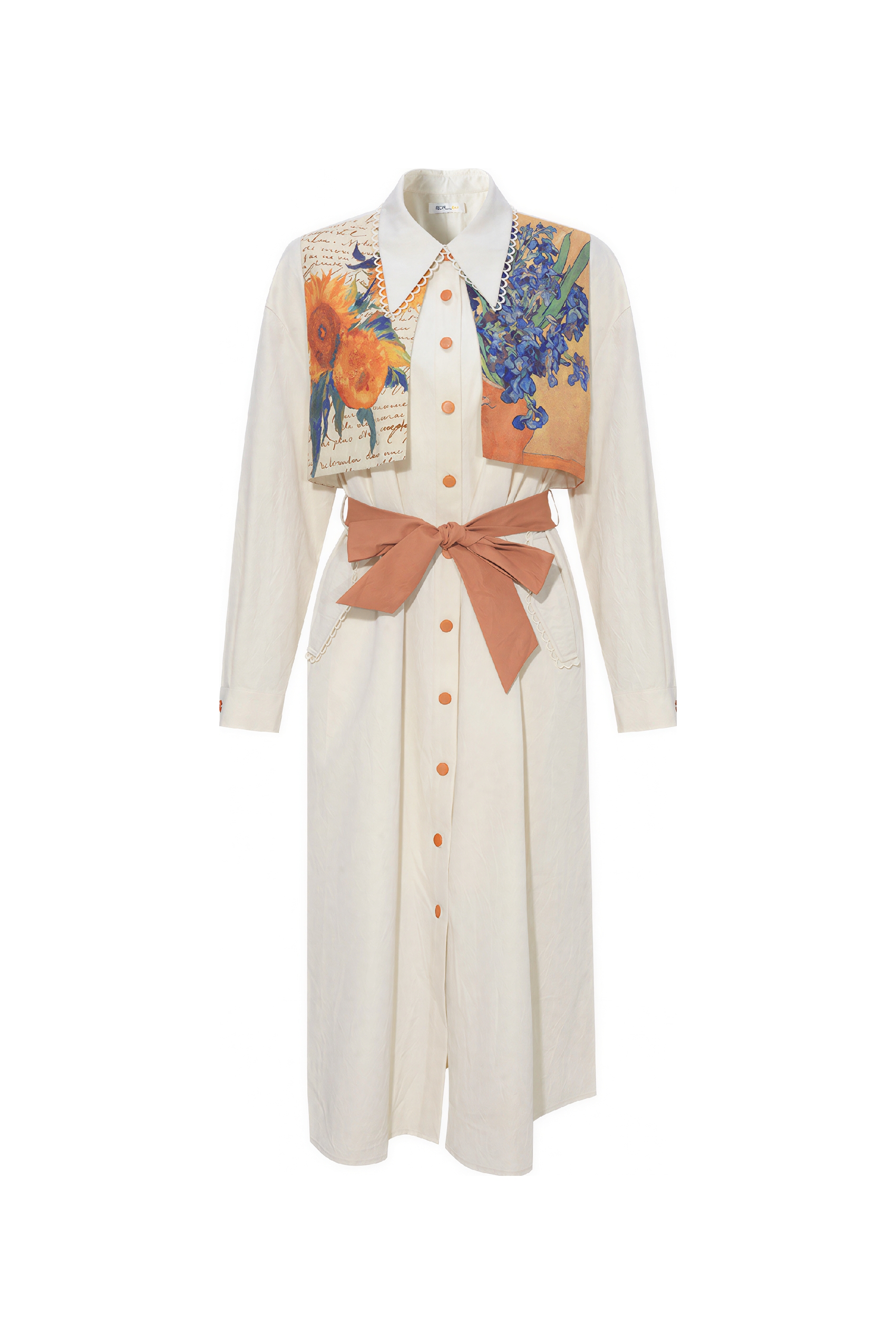 Van Gogh-Inspired Patchwork Print Layered-Look Tie Dress