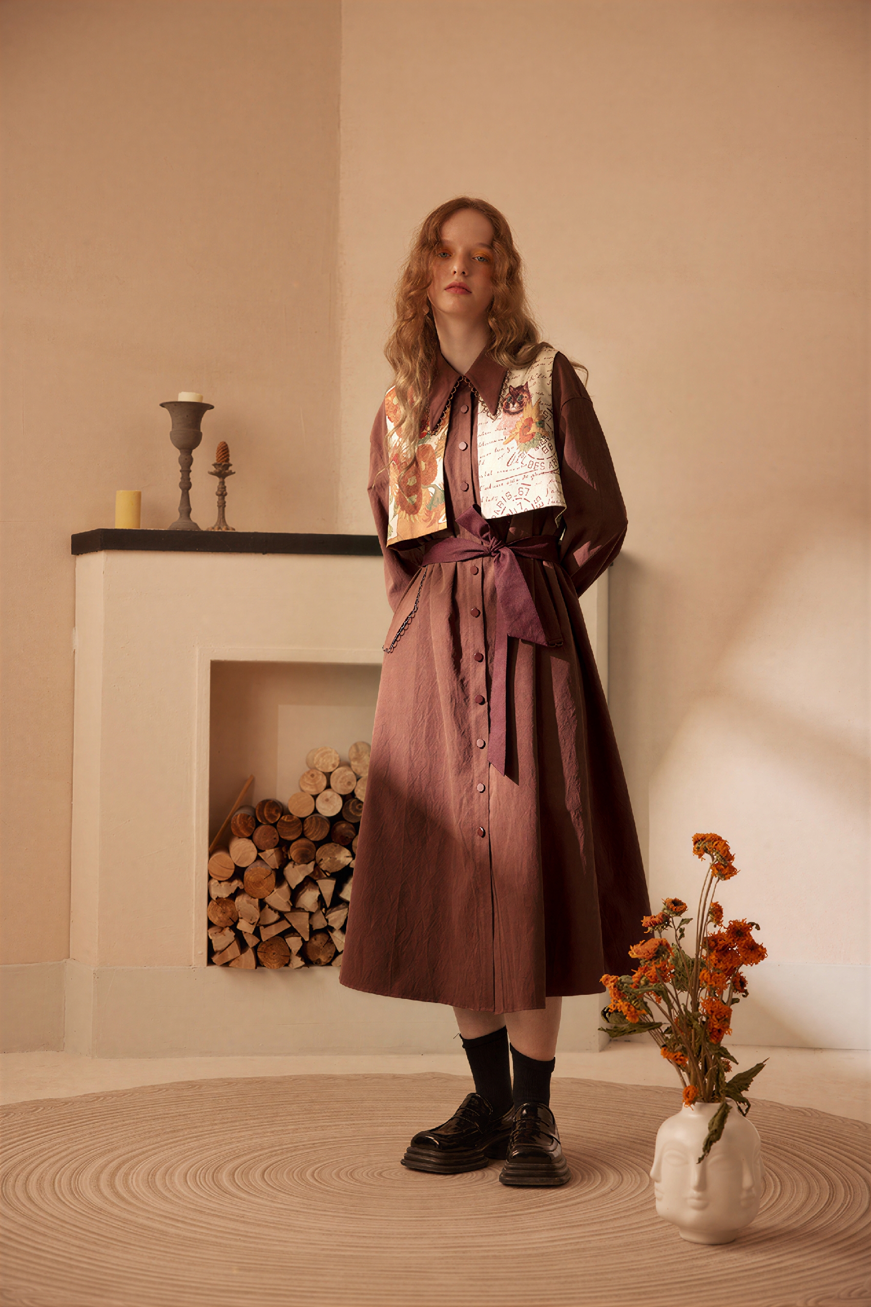 Van Gogh-Inspired Patchwork Print Layered-Look Tie Dress