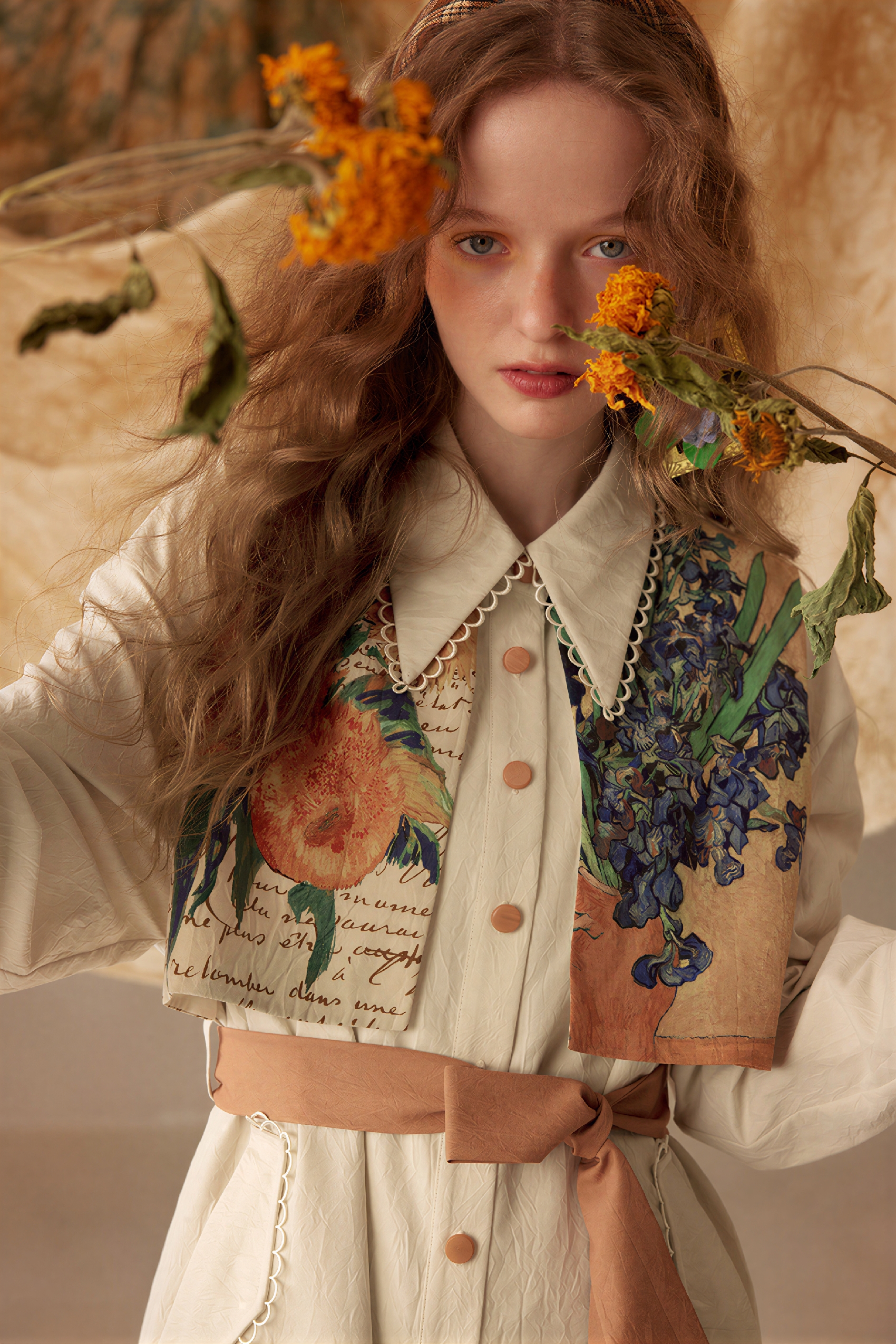 Van Gogh-Inspired Patchwork Print Layered-Look Tie Dress