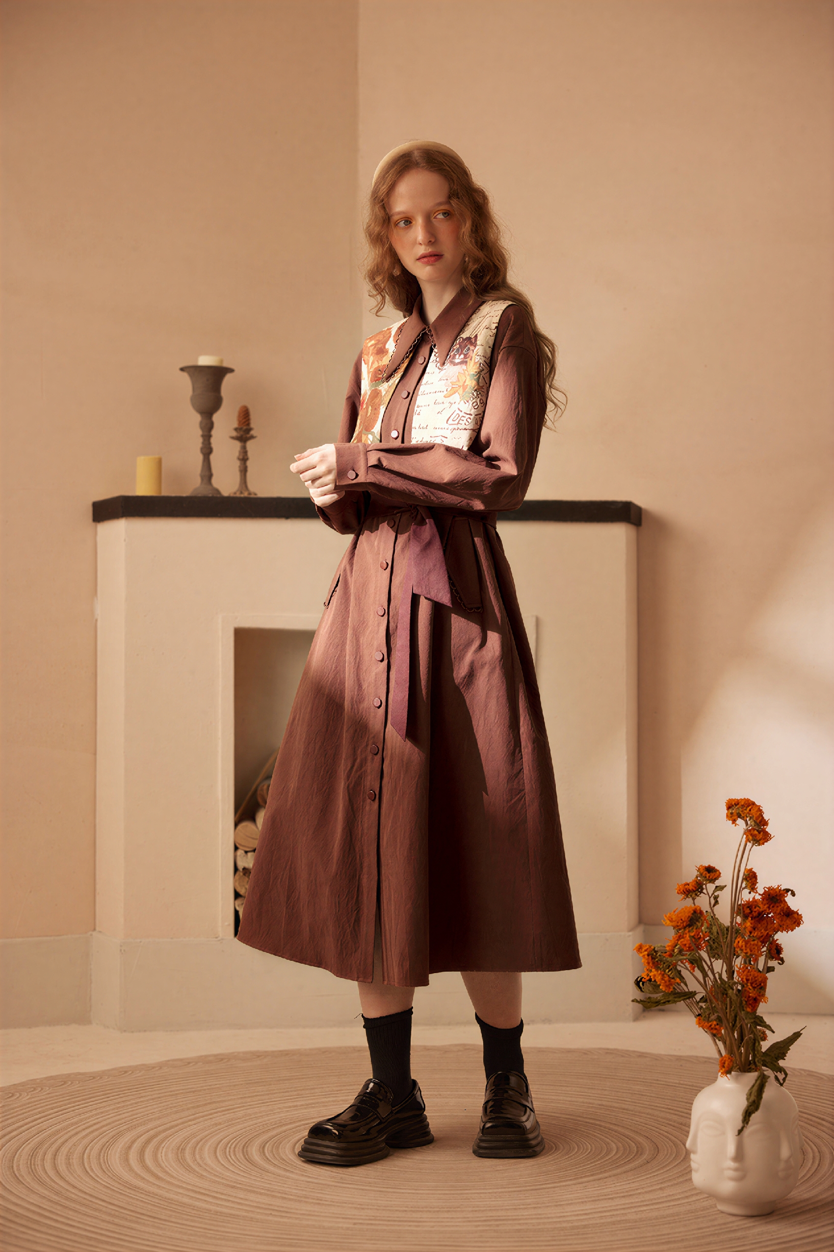 Van Gogh-Inspired Patchwork Print Layered-Look Tie Dress