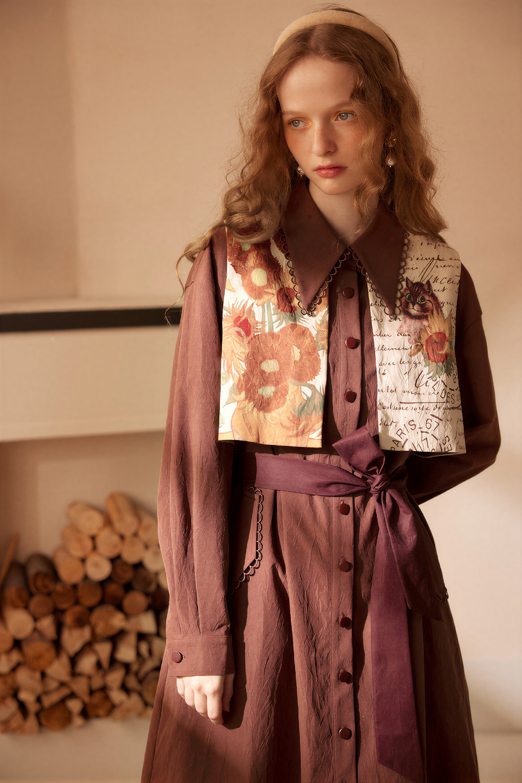 Van Gogh-Inspired Patchwork Print Layered-Look Tie Dress