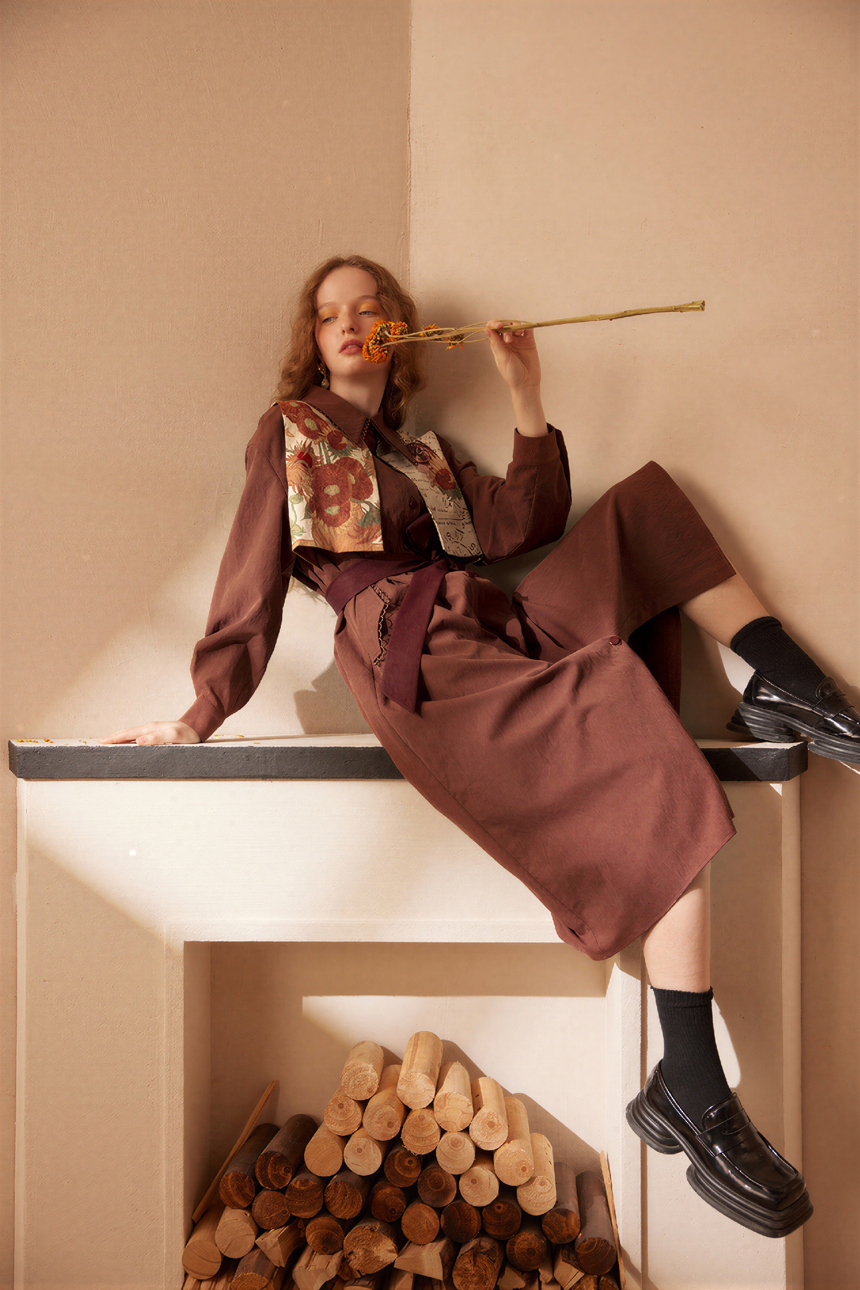 Van Gogh-Inspired Patchwork Print Layered-Look Tie Dress