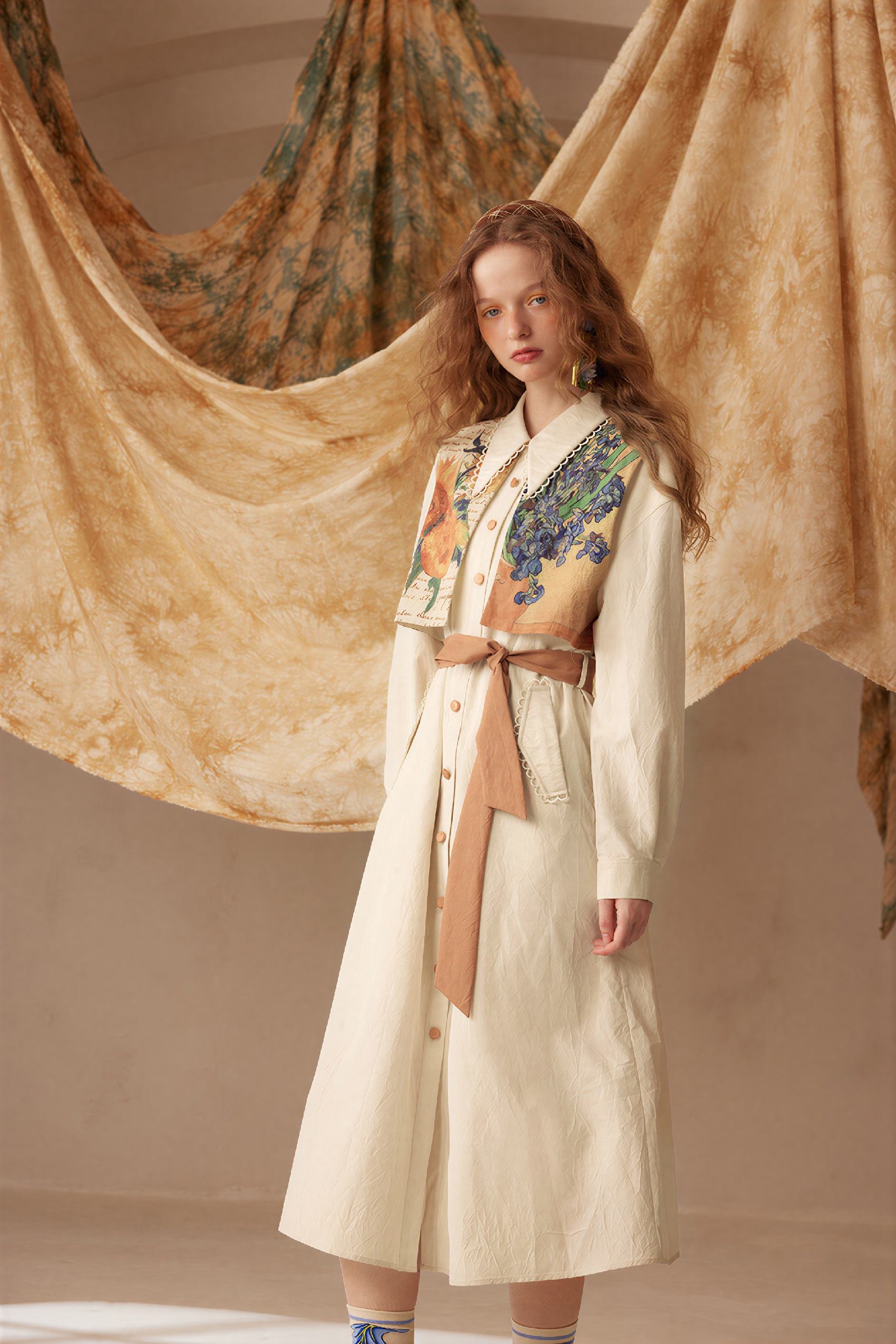 Van Gogh-Inspired Patchwork Print Layered-Look Tie Dress