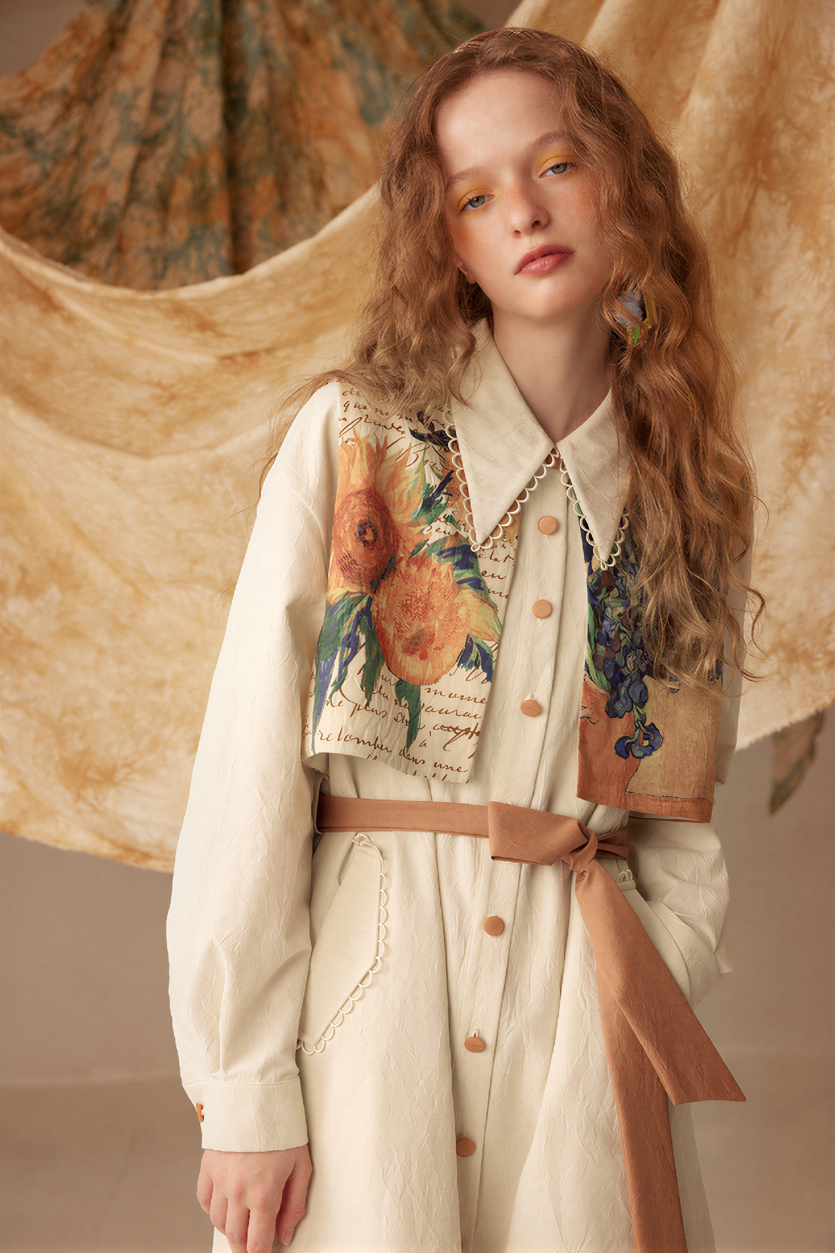 Van Gogh-Inspired Patchwork Print Layered-Look Tie Dress