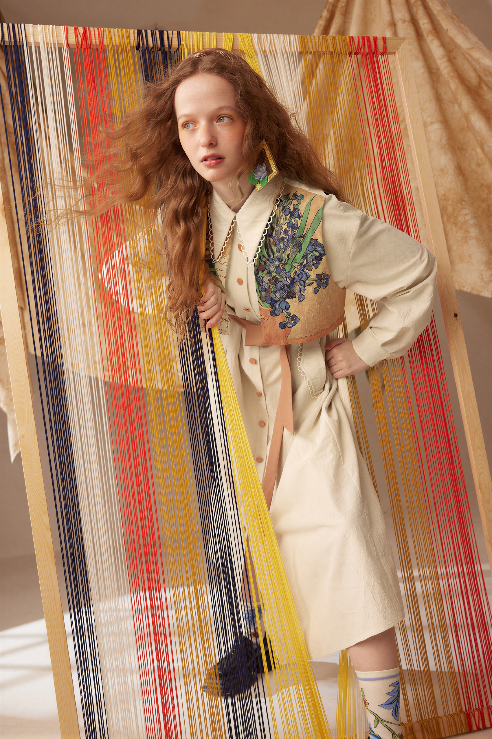 Van Gogh-Inspired Patchwork Print Layered-Look Tie Dress