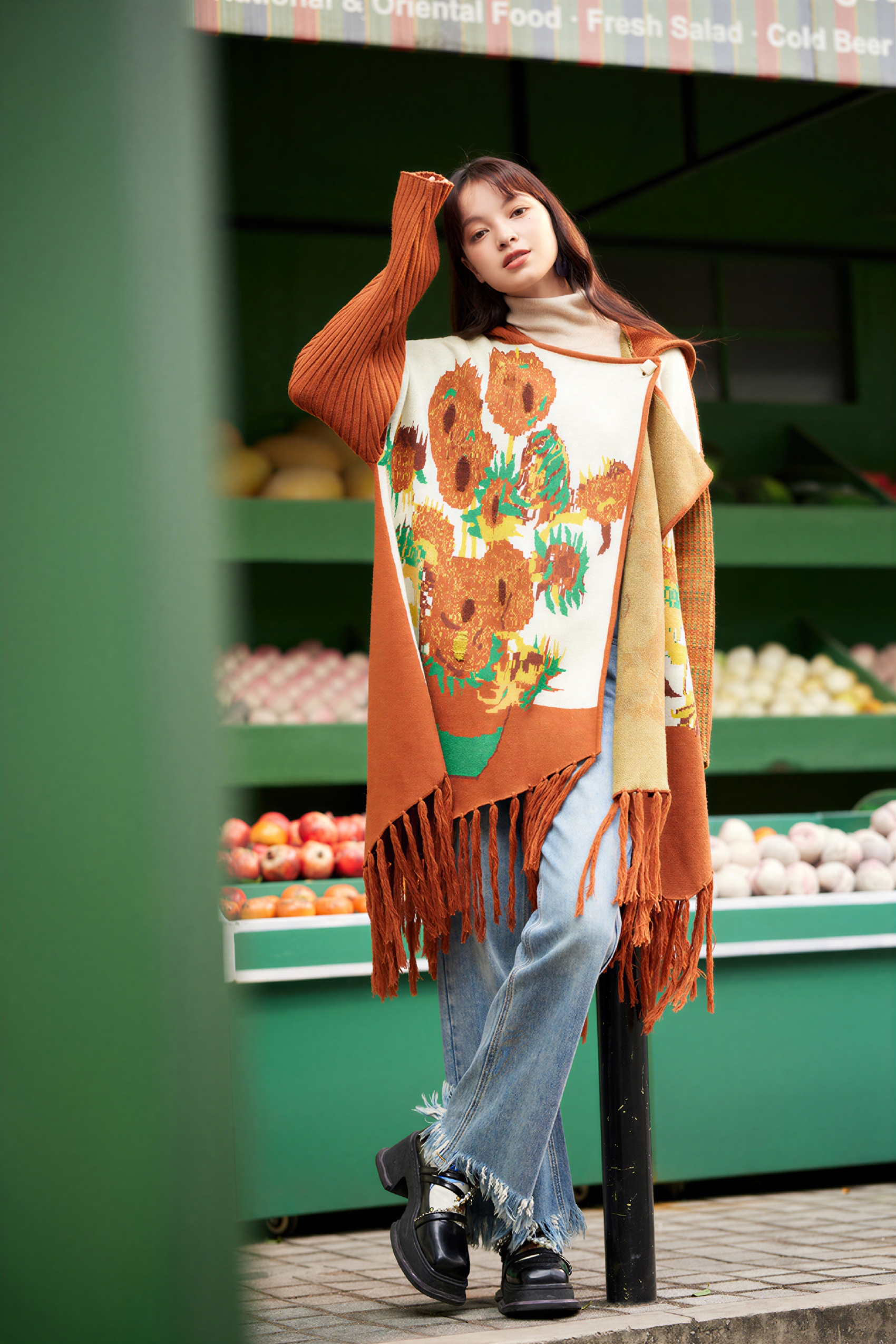 Van Gogh-Inspired Knit Poncho Cape Cardigan