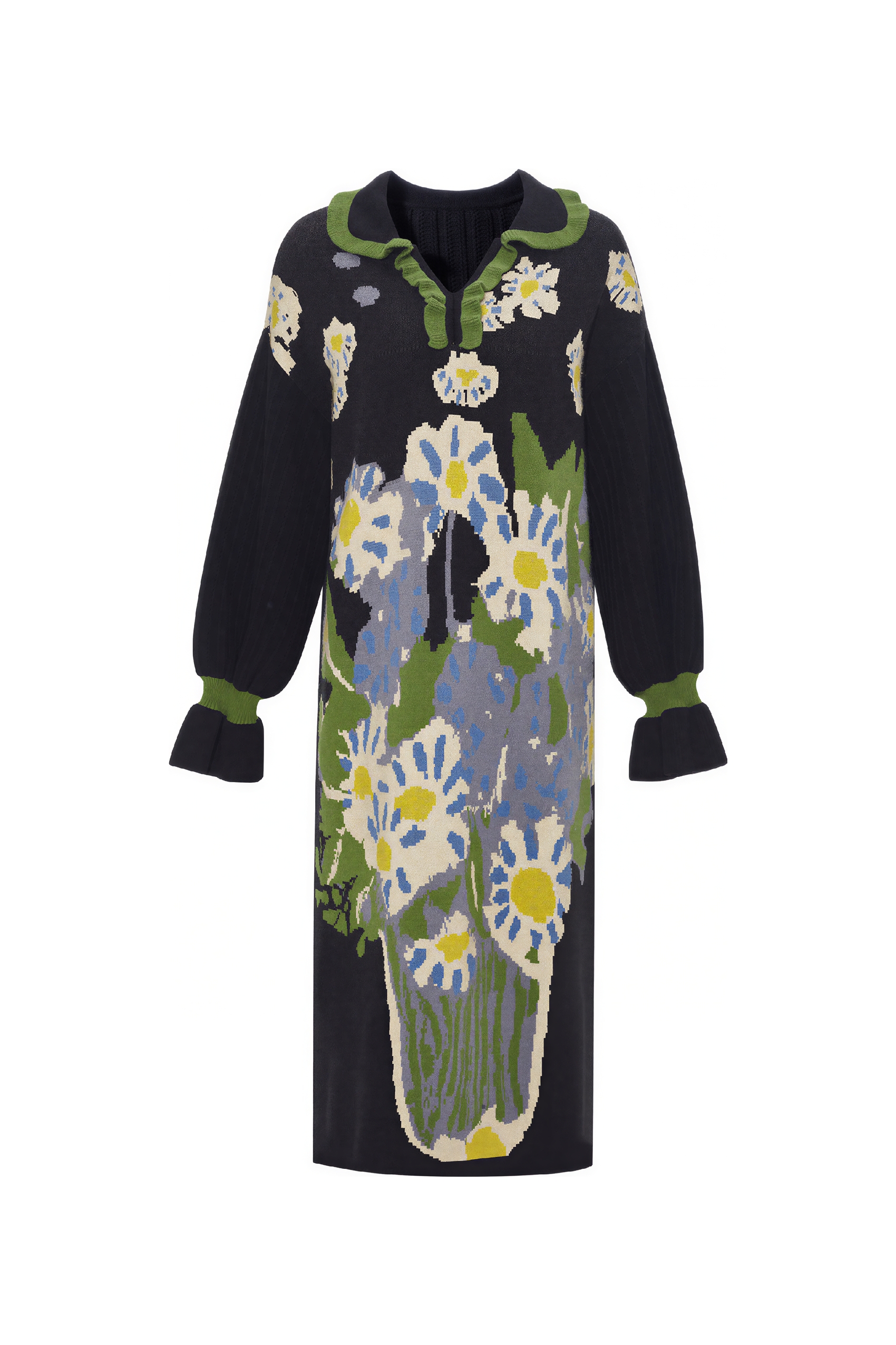 Black V-neck oil painting style knit sweater dress