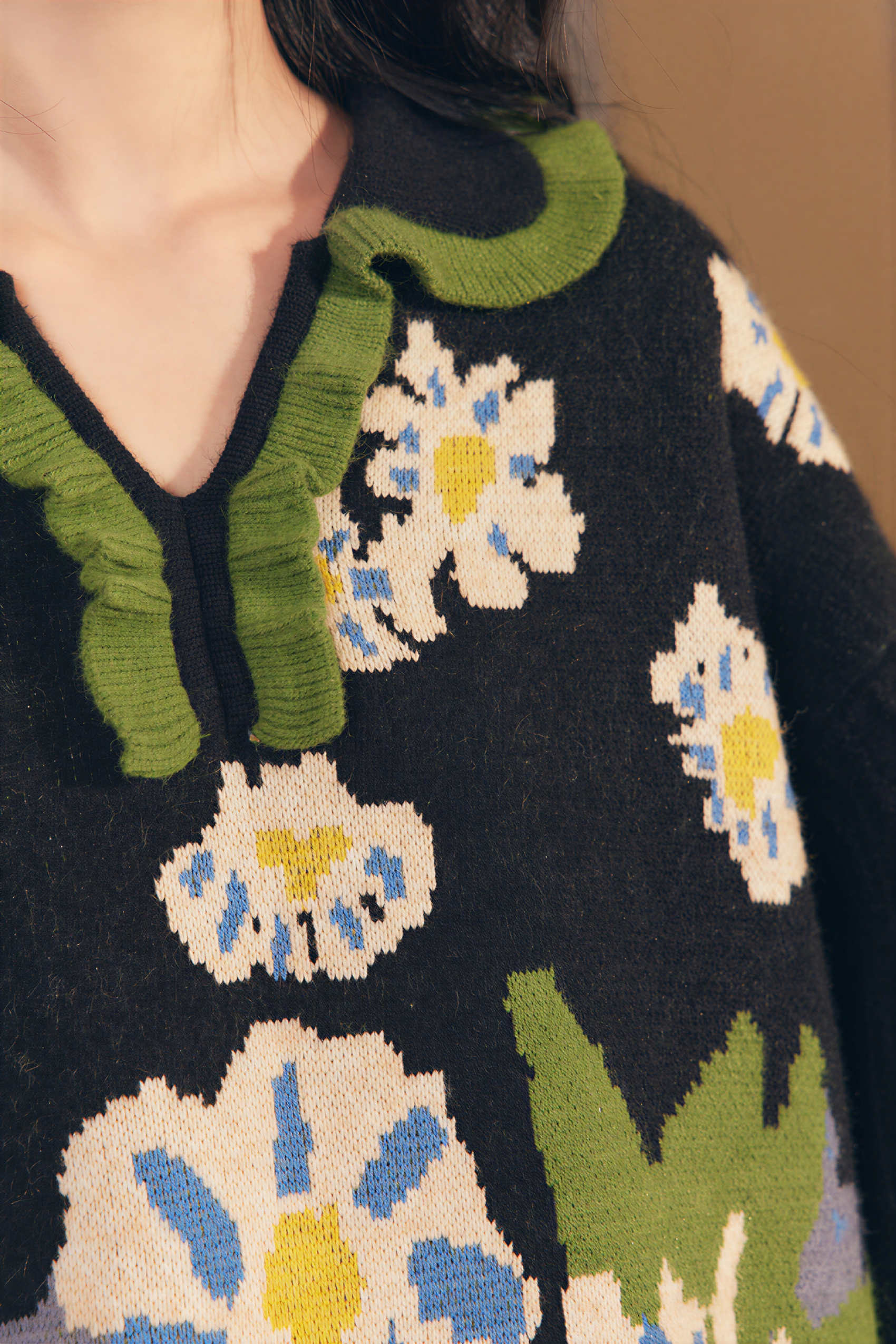 Black V-neck oil painting style knit sweater dress