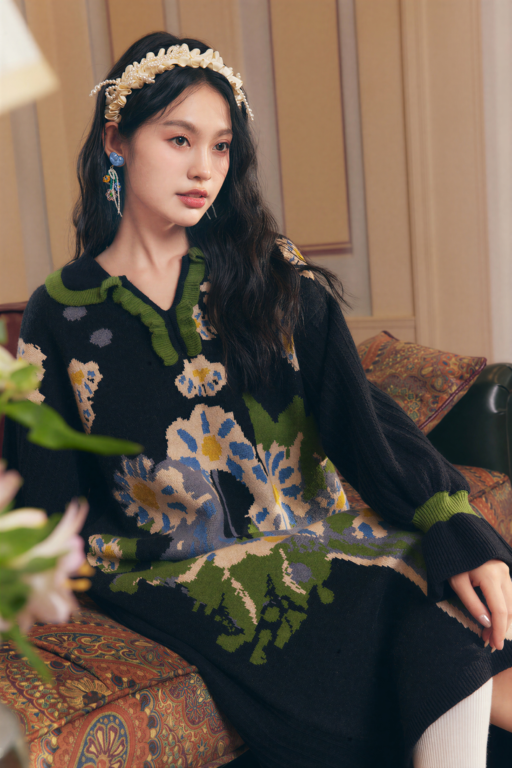 Black V-neck oil painting style knit sweater dress