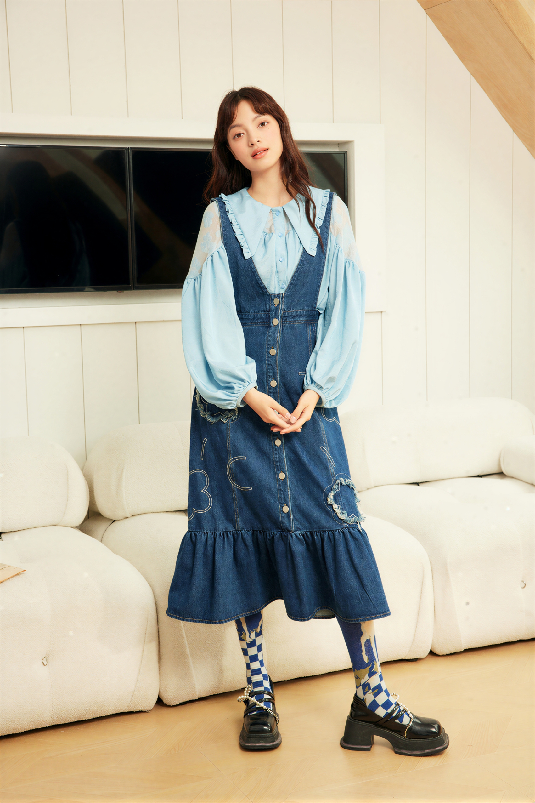 Retro design denim overalls dress
