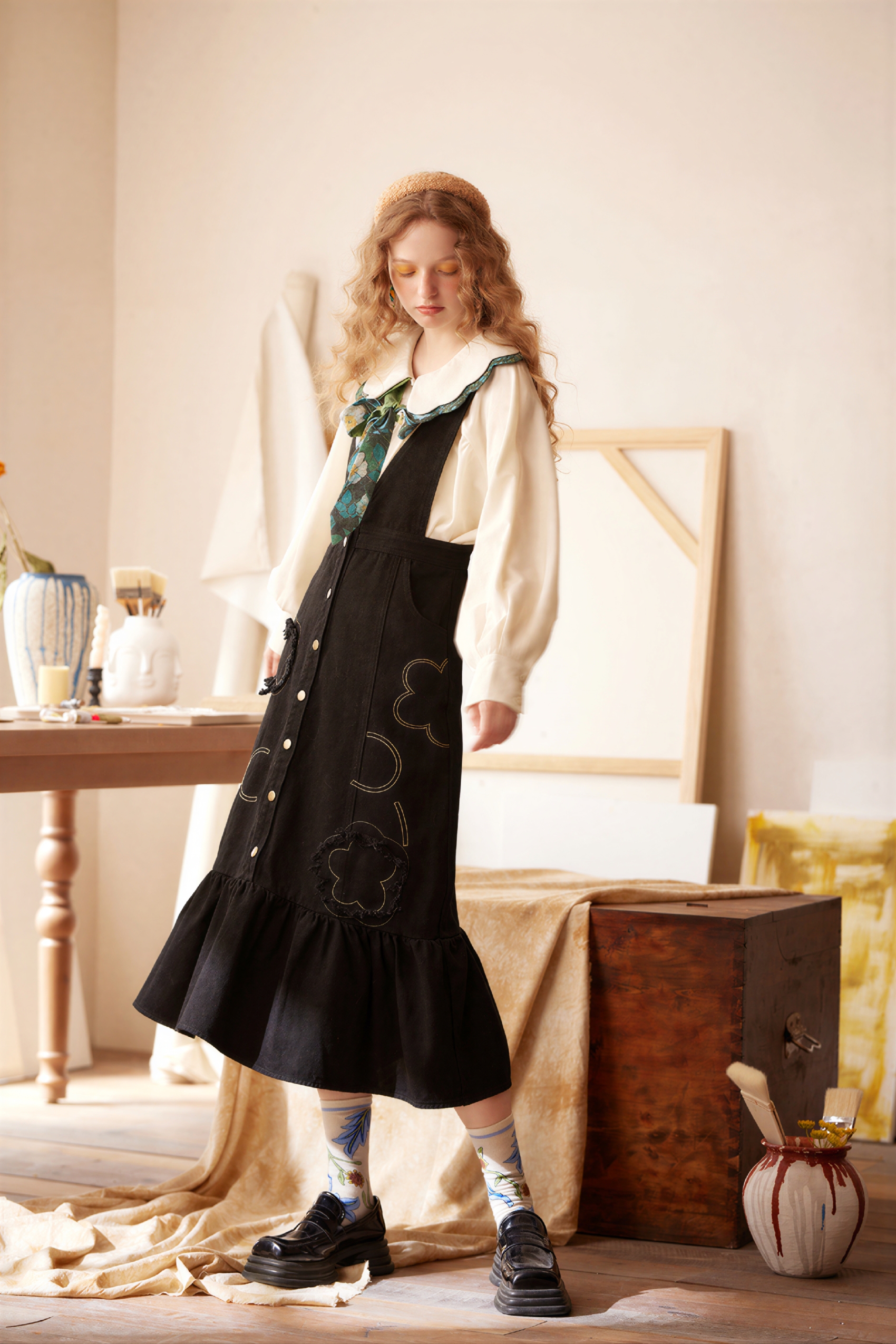 Retro design denim overalls dress