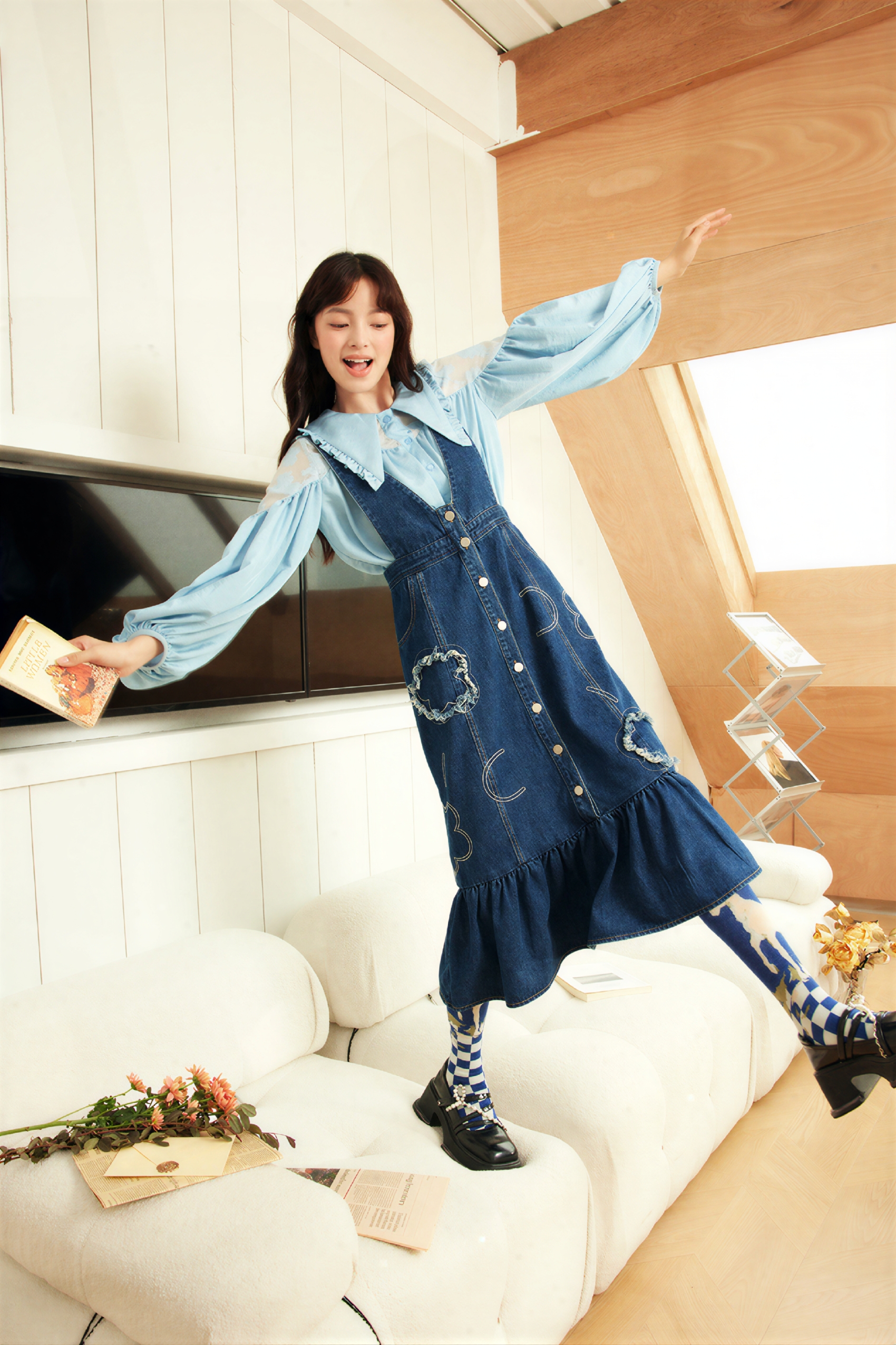 Retro design denim overalls dress