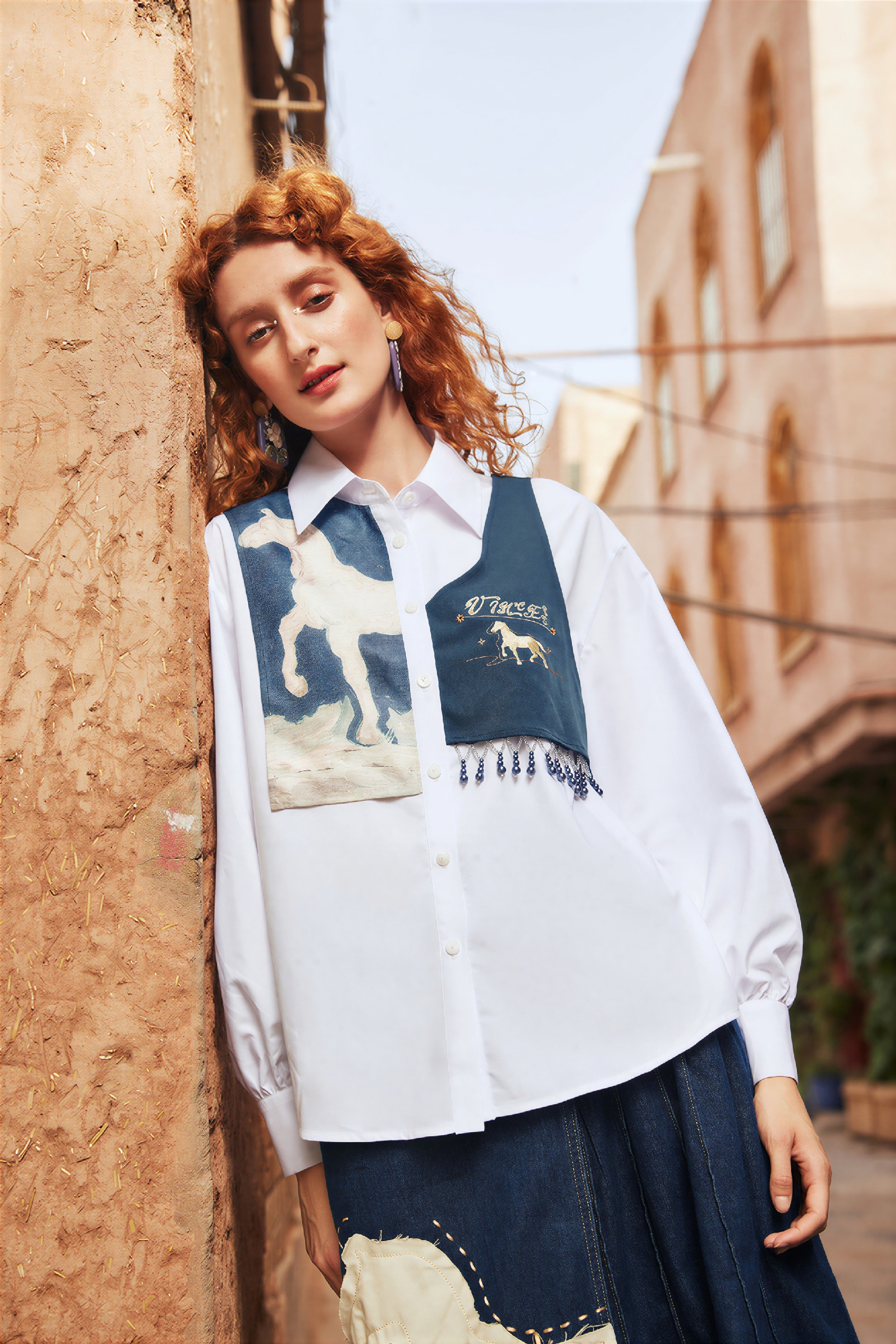 Autumn Printed Patchwork Faux Two-Piece Shirt