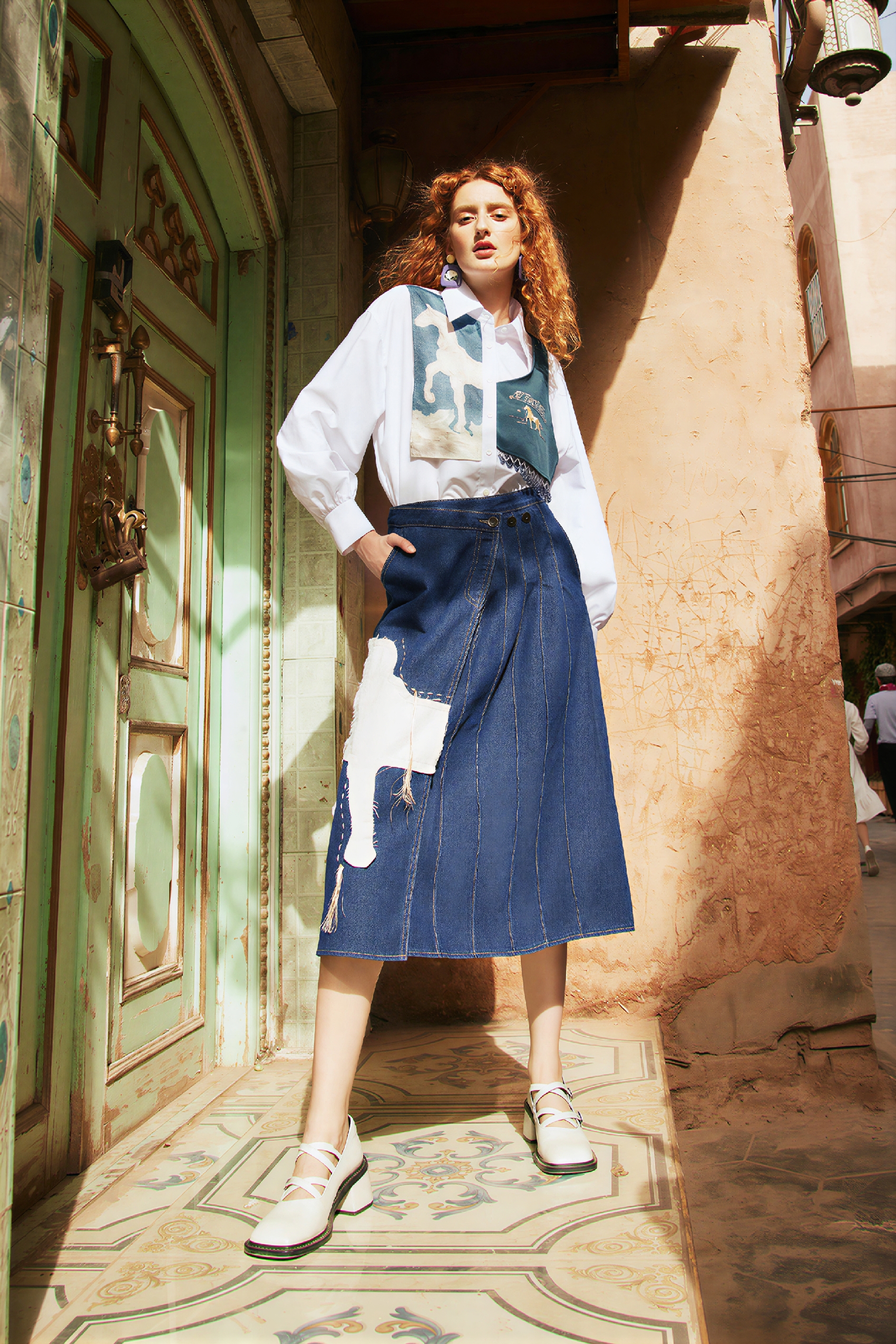 Van Gogh-Inspired High-Waisted A-Line Denim Skirt