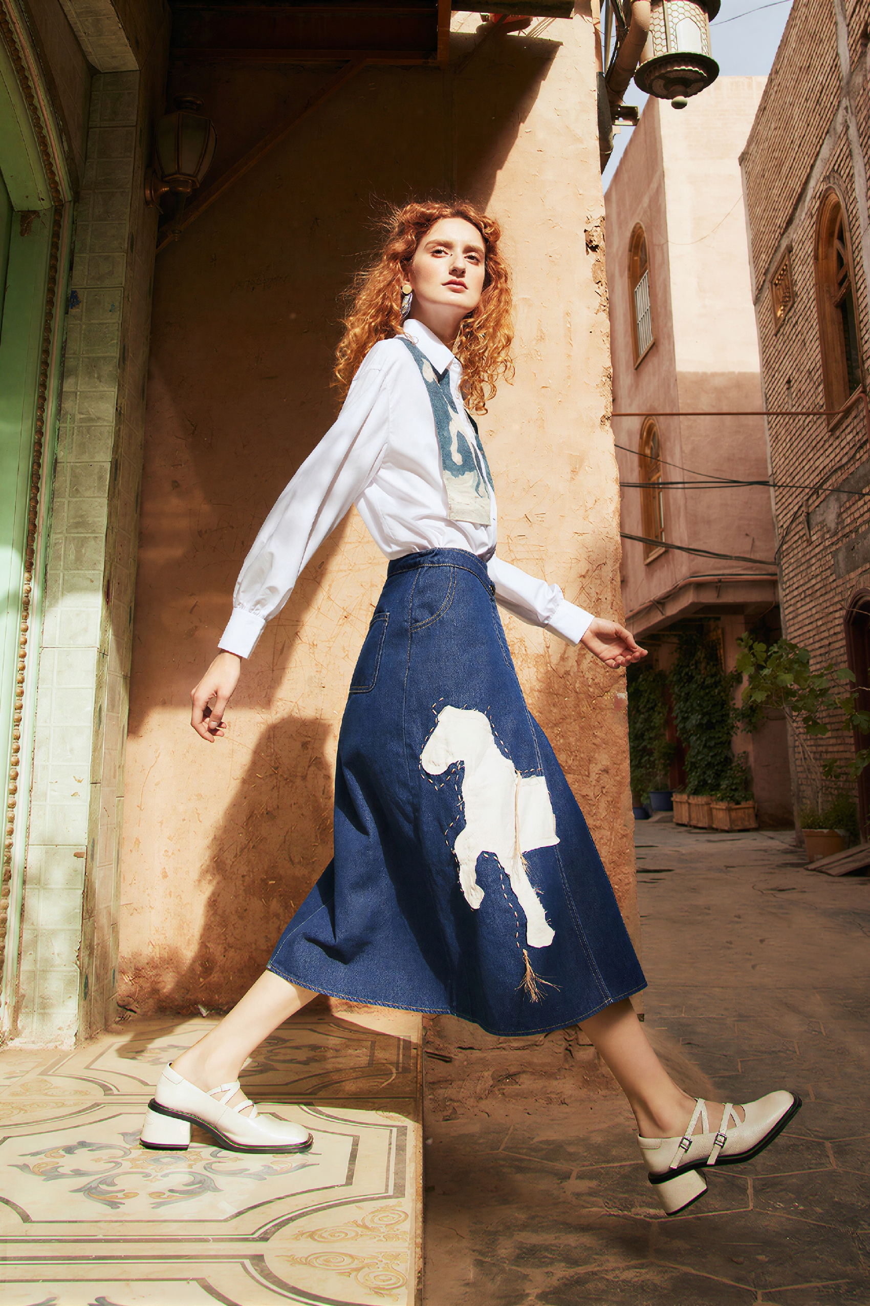 Van Gogh-Inspired High-Waisted A-Line Denim Skirt