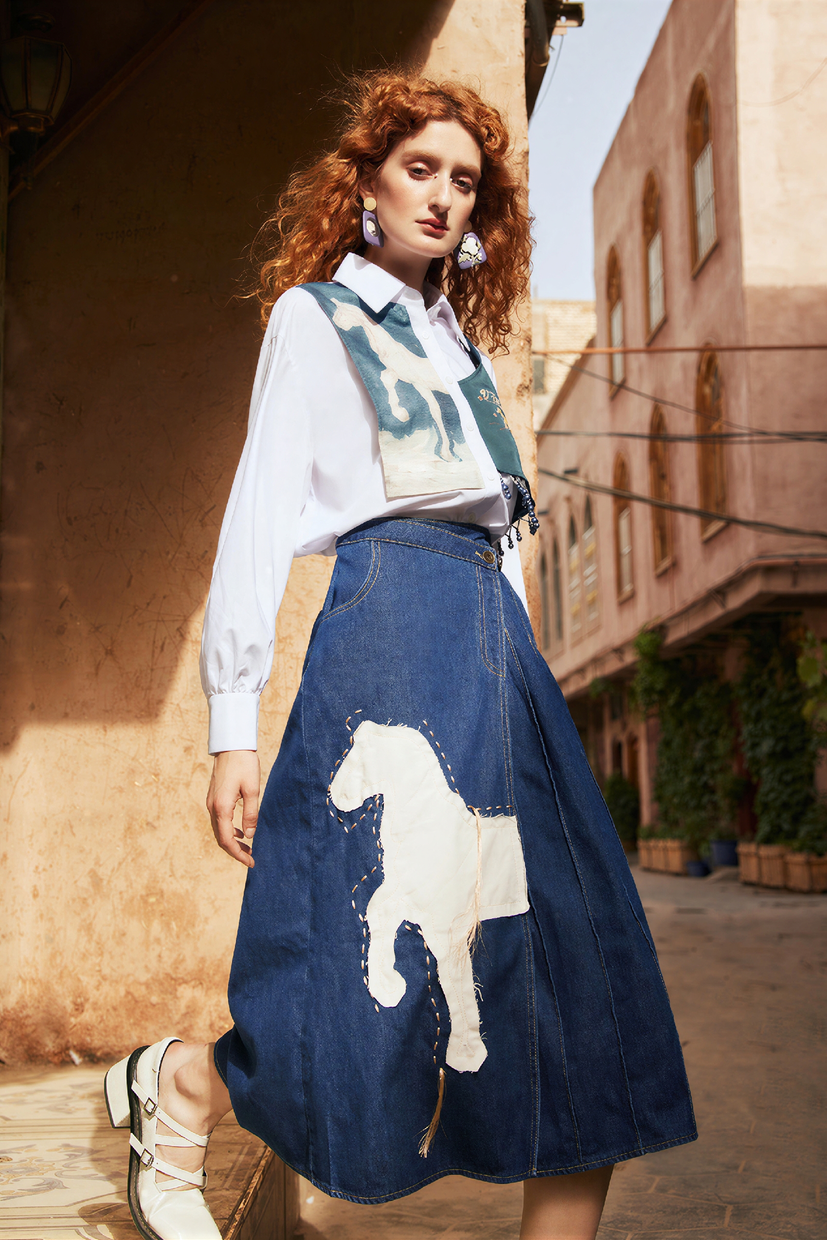 Van Gogh-Inspired High-Waisted A-Line Denim Skirt