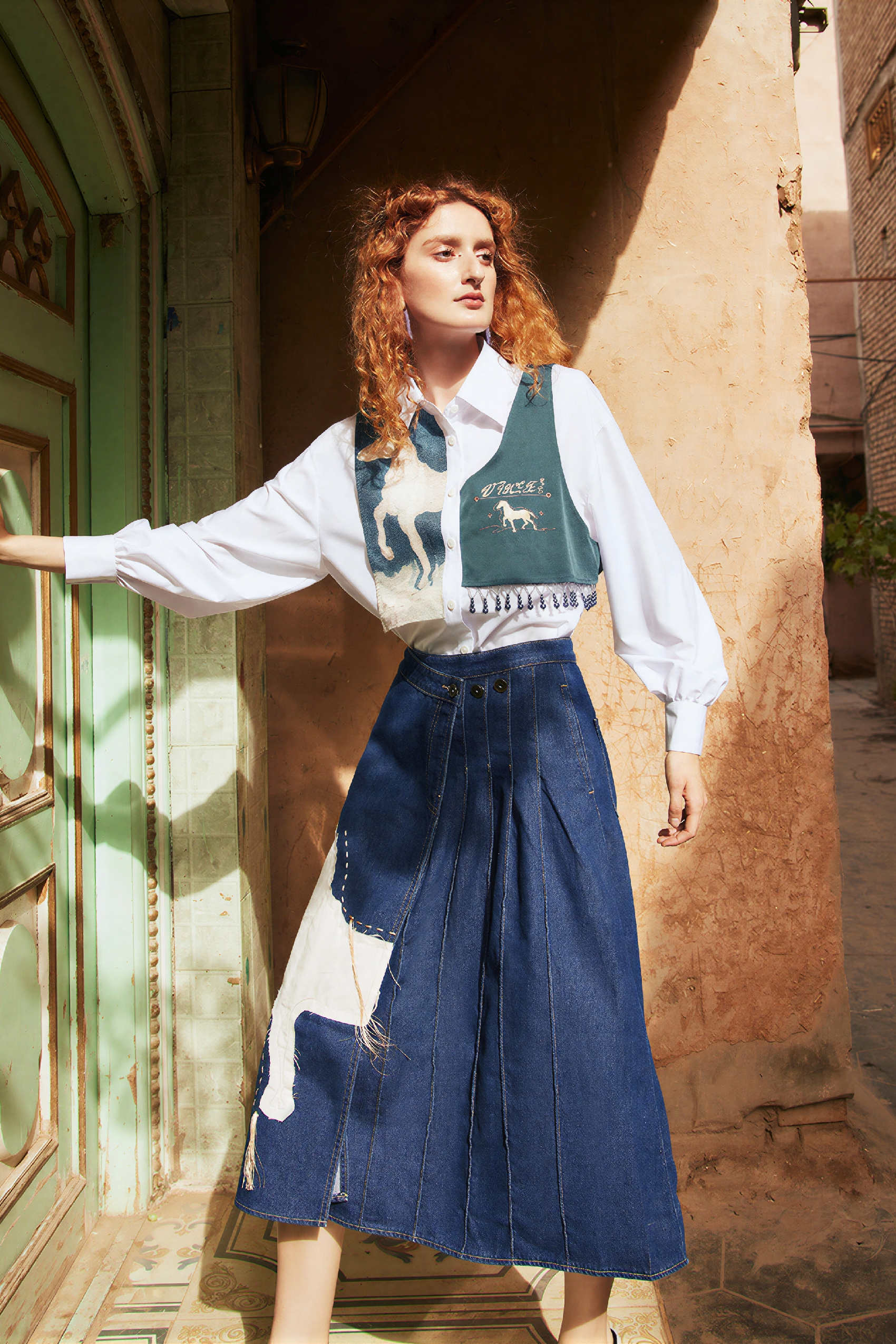Van Gogh-Inspired High-Waisted A-Line Denim Skirt