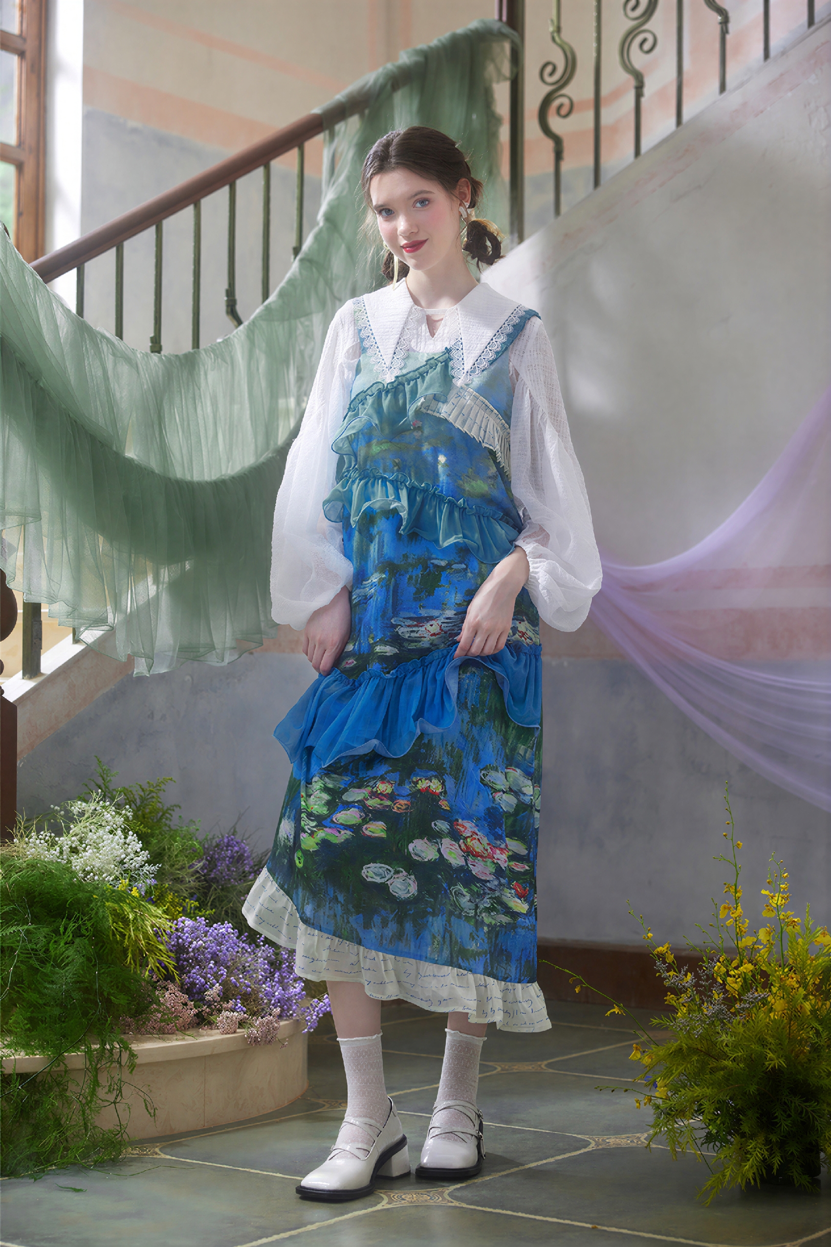 Monet-Inspired Oil Painting Print Slip Dress