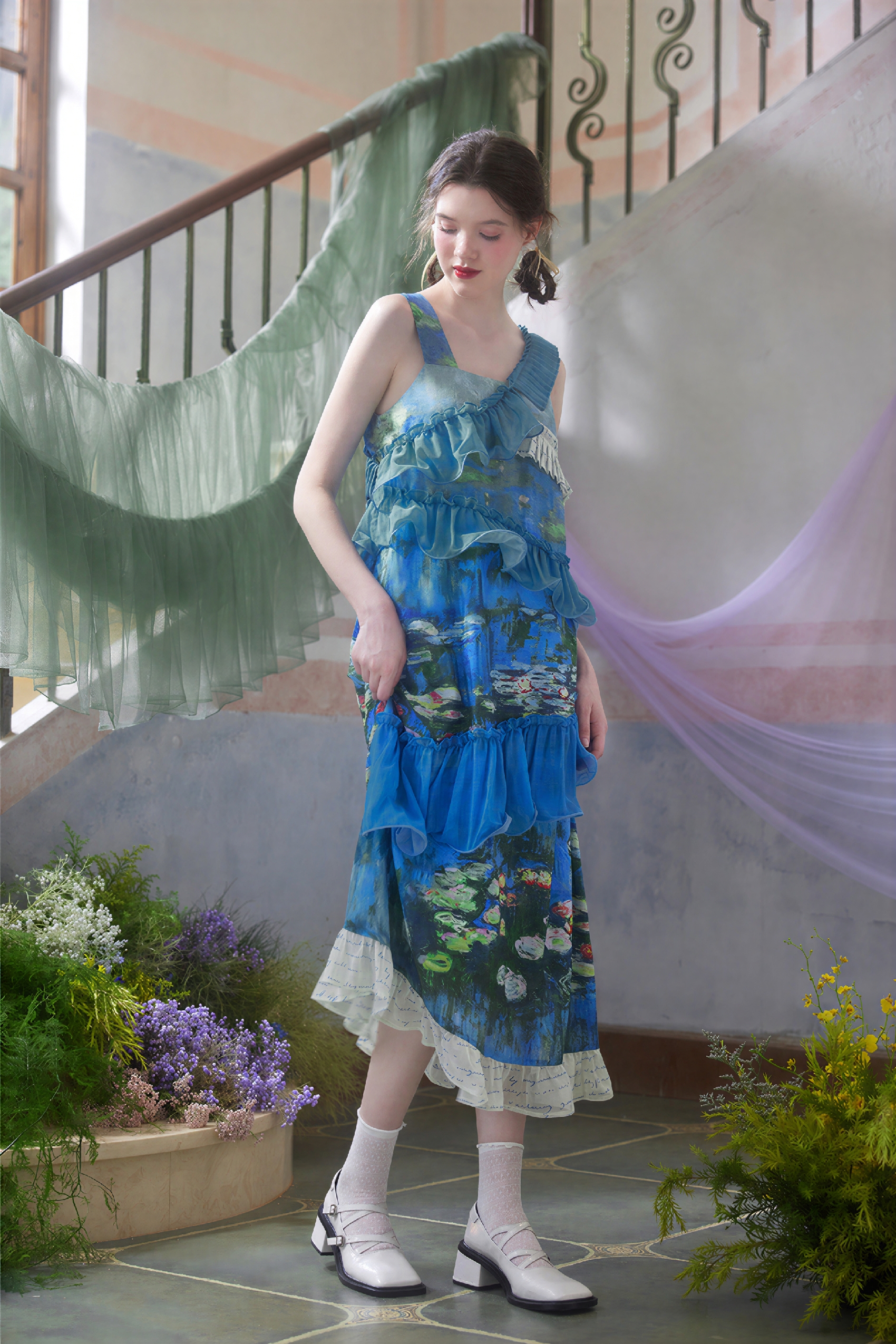 Monet-Inspired Oil Painting Print Slip Dress