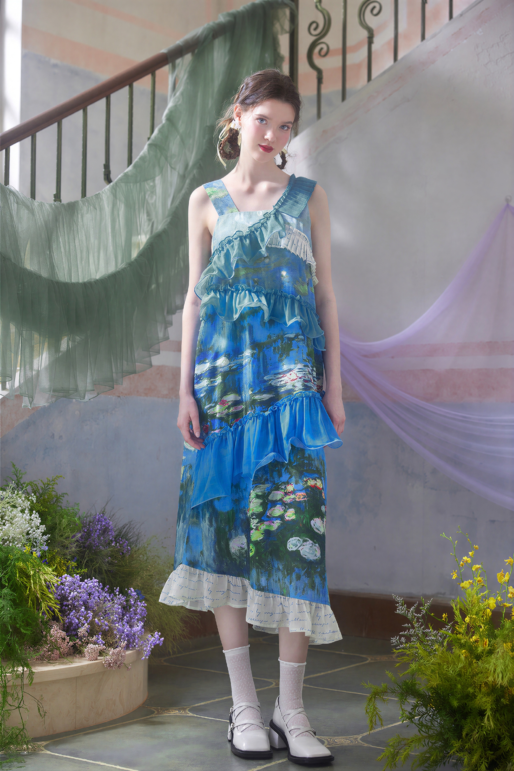 Monet-Inspired Oil Painting Print Slip Dress