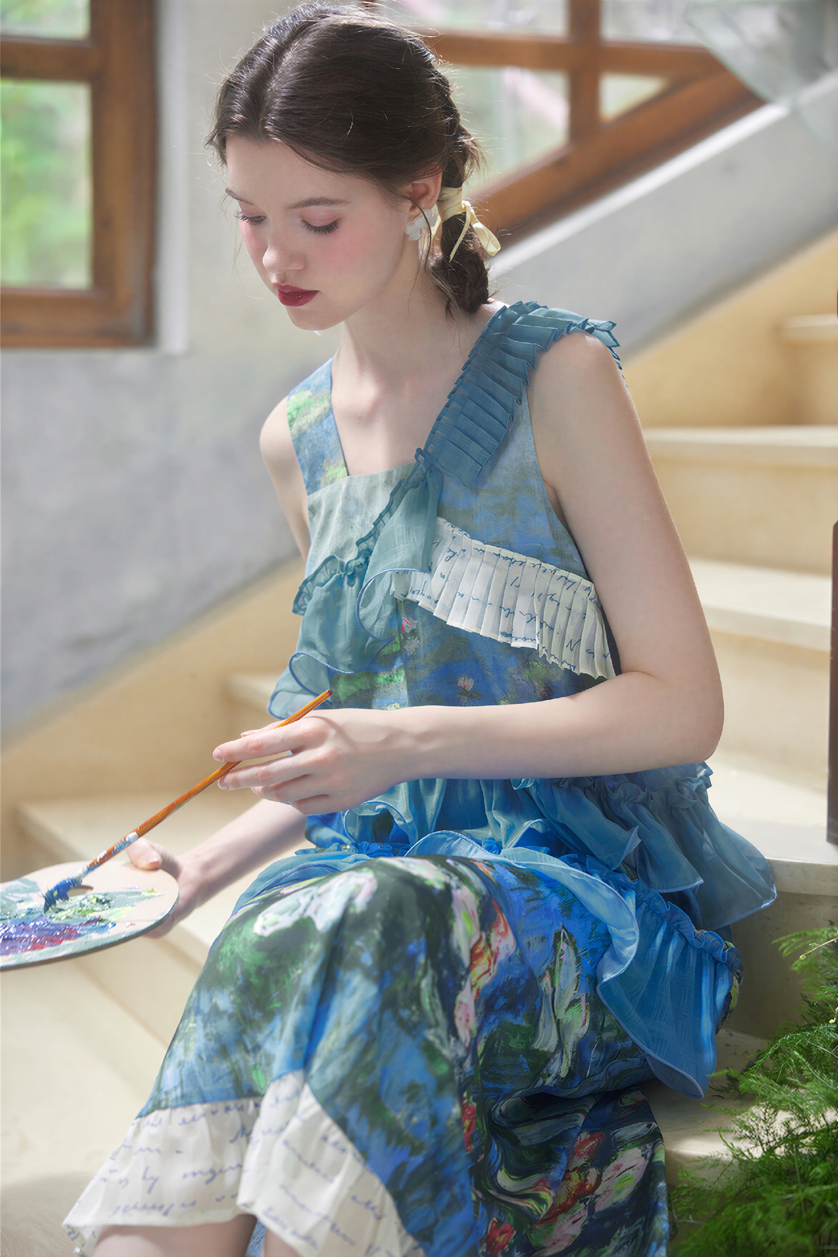 Monet-Inspired Oil Painting Print Slip Dress