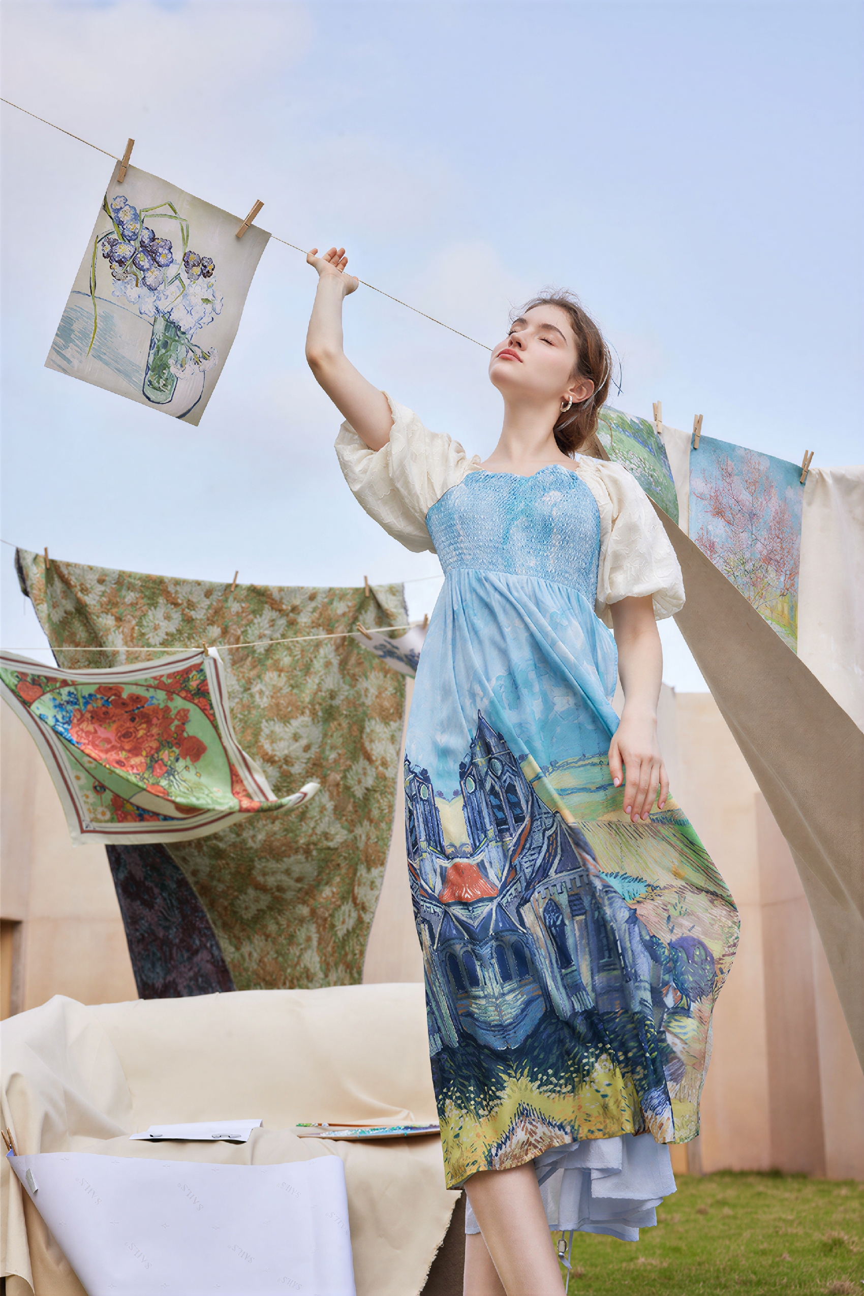 Van Gogh-Inspired Waist-Defined Dress-LYONSENS