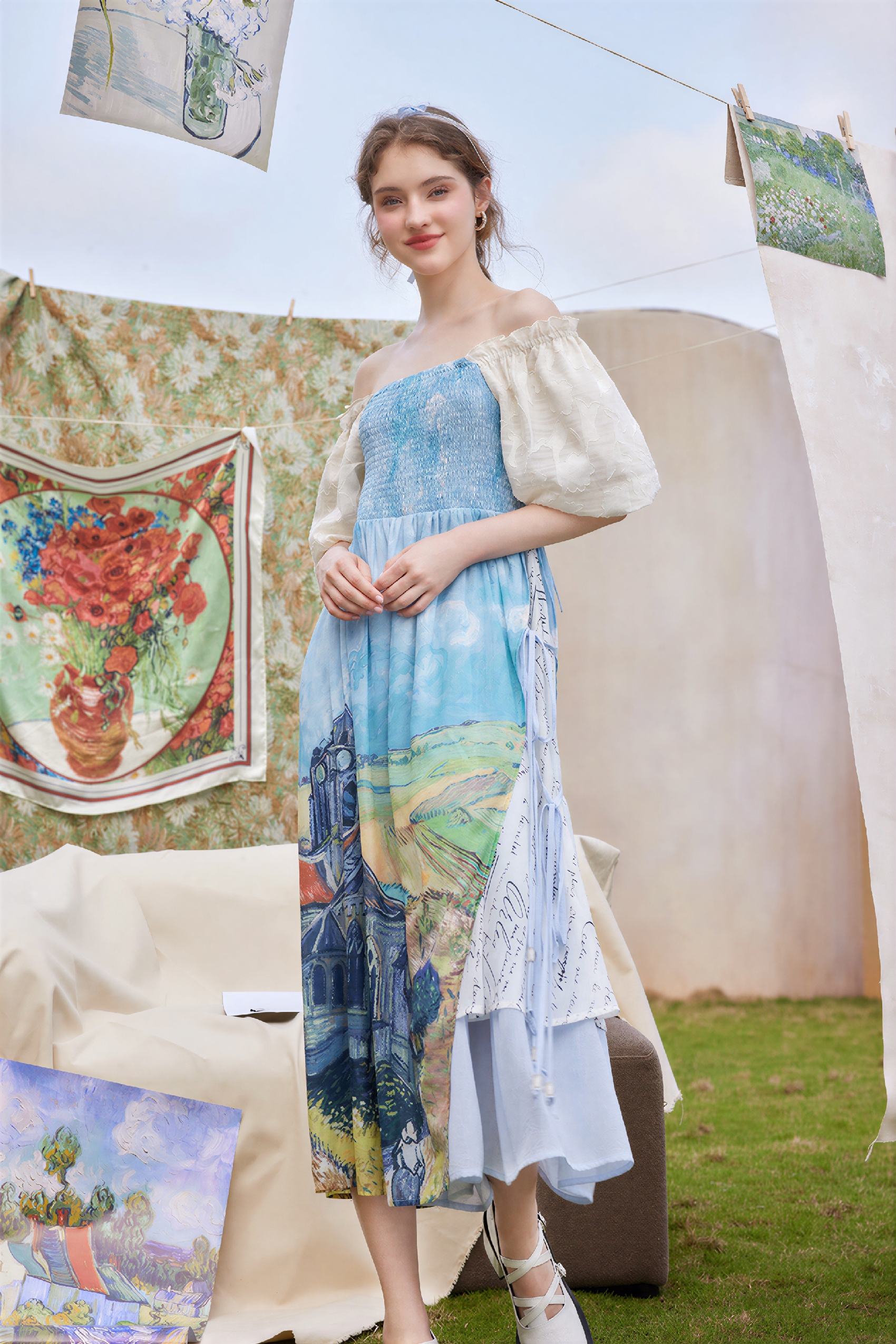 Van Gogh-Inspired Waist-Defined Dress-LYONSENS