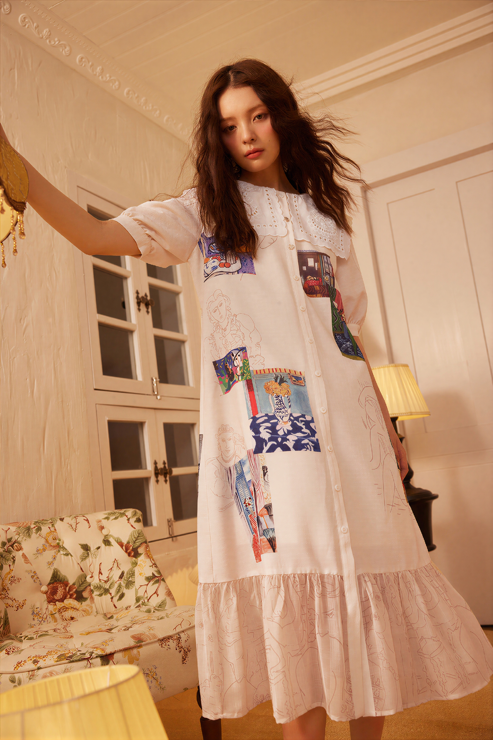 Forest-Style Lace & Printed Patchwork Dress | LYONSENS Women's Fashion
