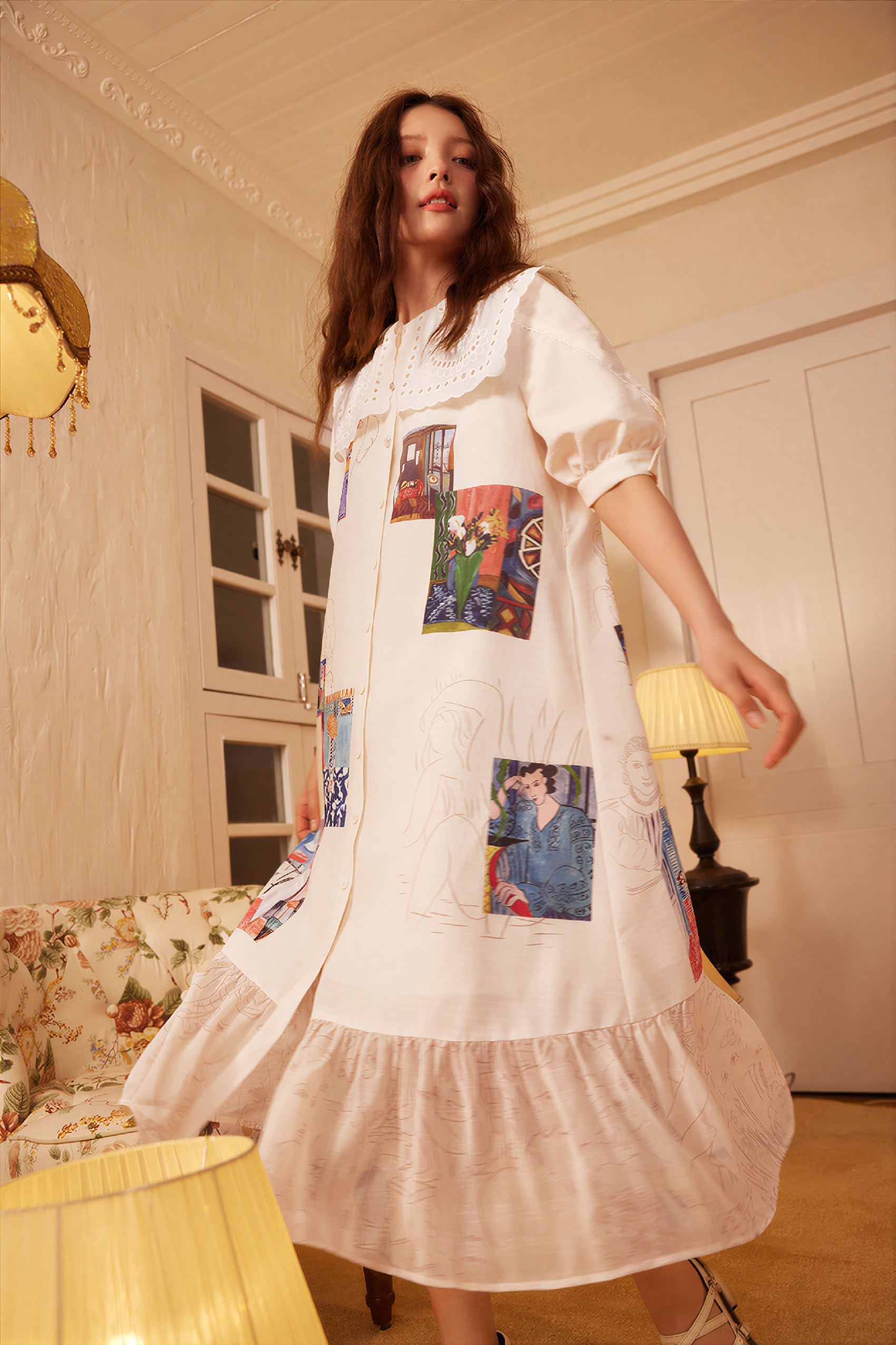 Forest-Style Lace & Printed Patchwork Dress | LYONSENS Women's Fashion