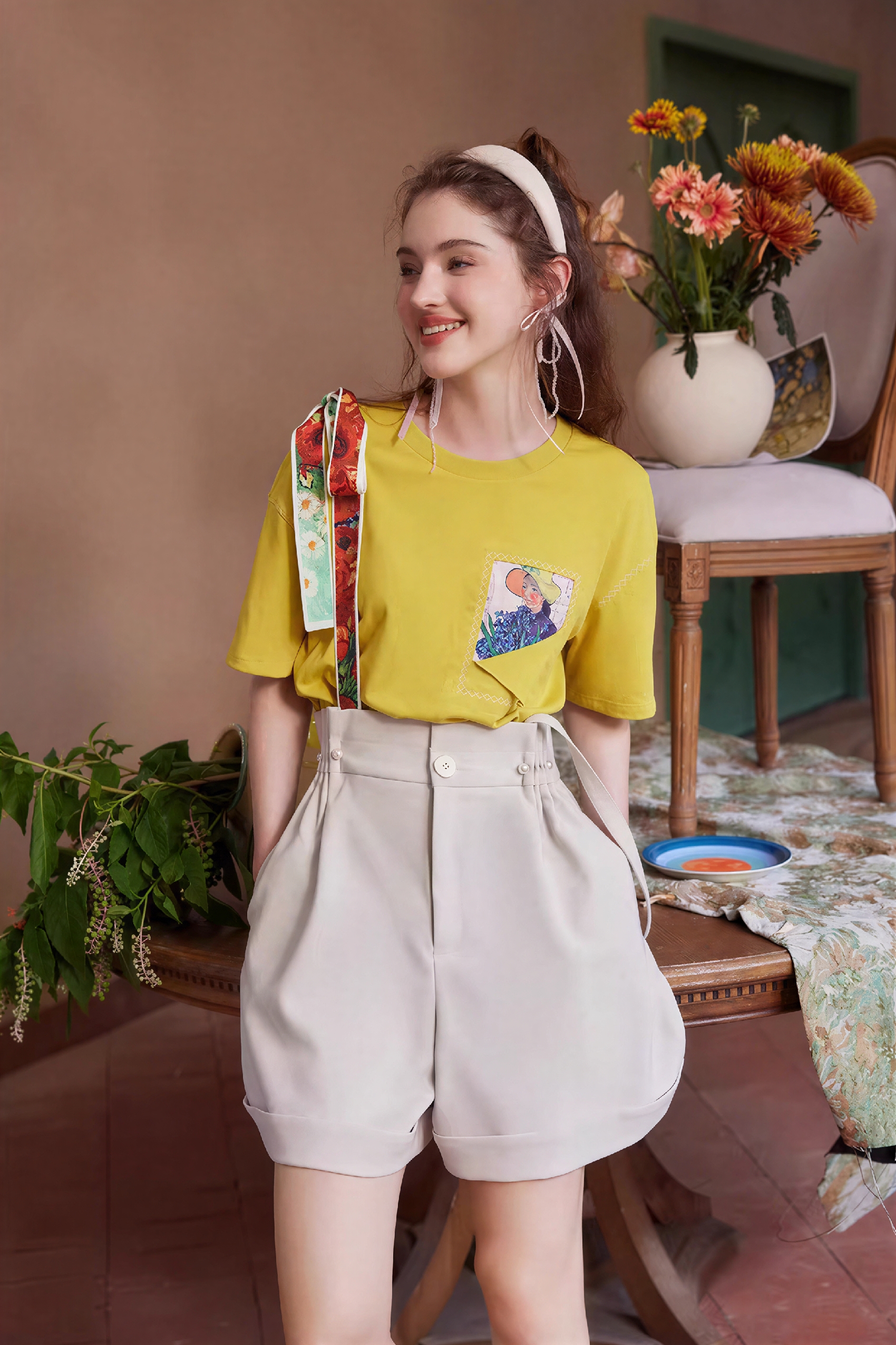 ゴッホにインスパイアされた白いコットンアートプリントTシャツ