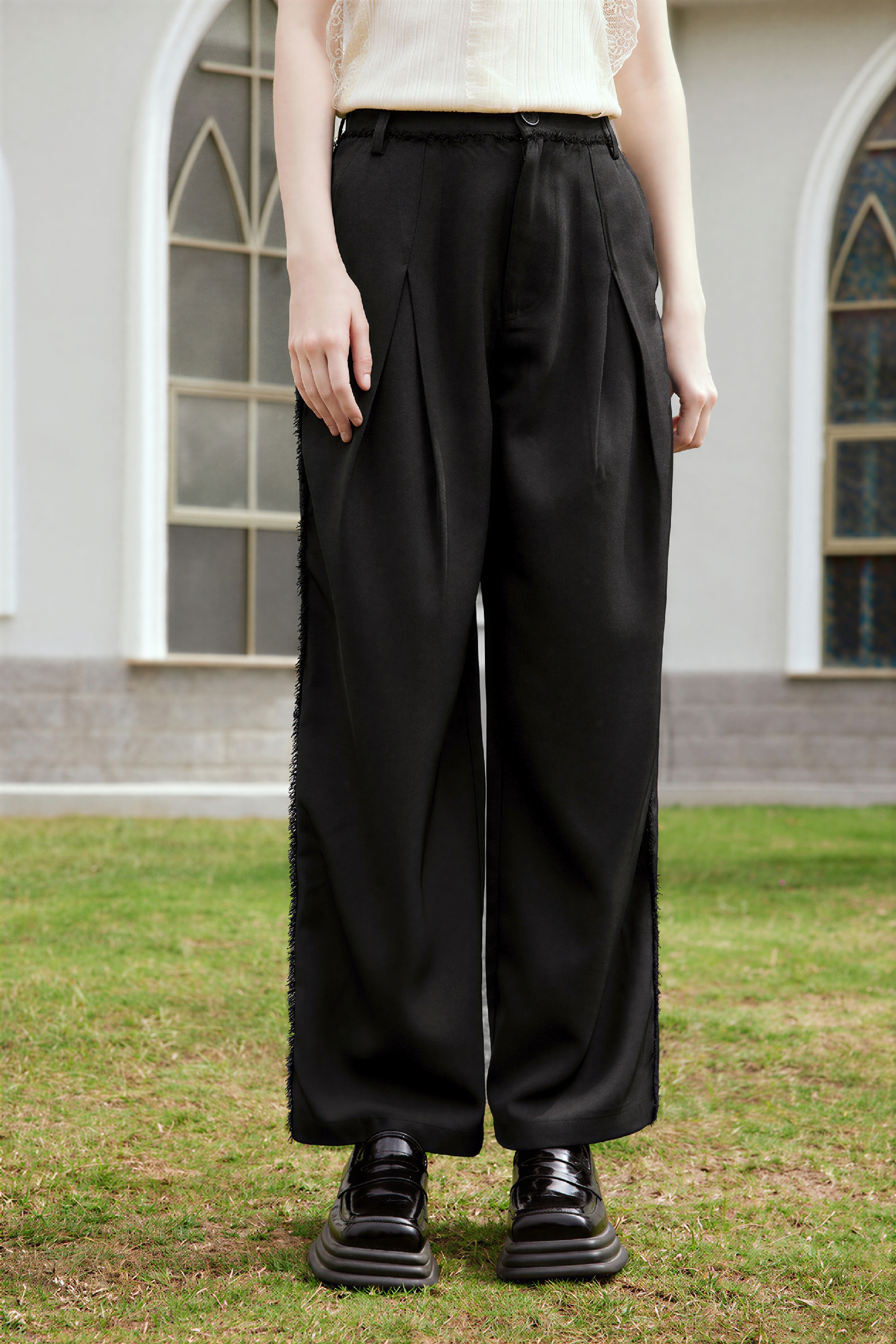 High-Waisted Straight-Leg Raw-Edge Pants-LYONSENS