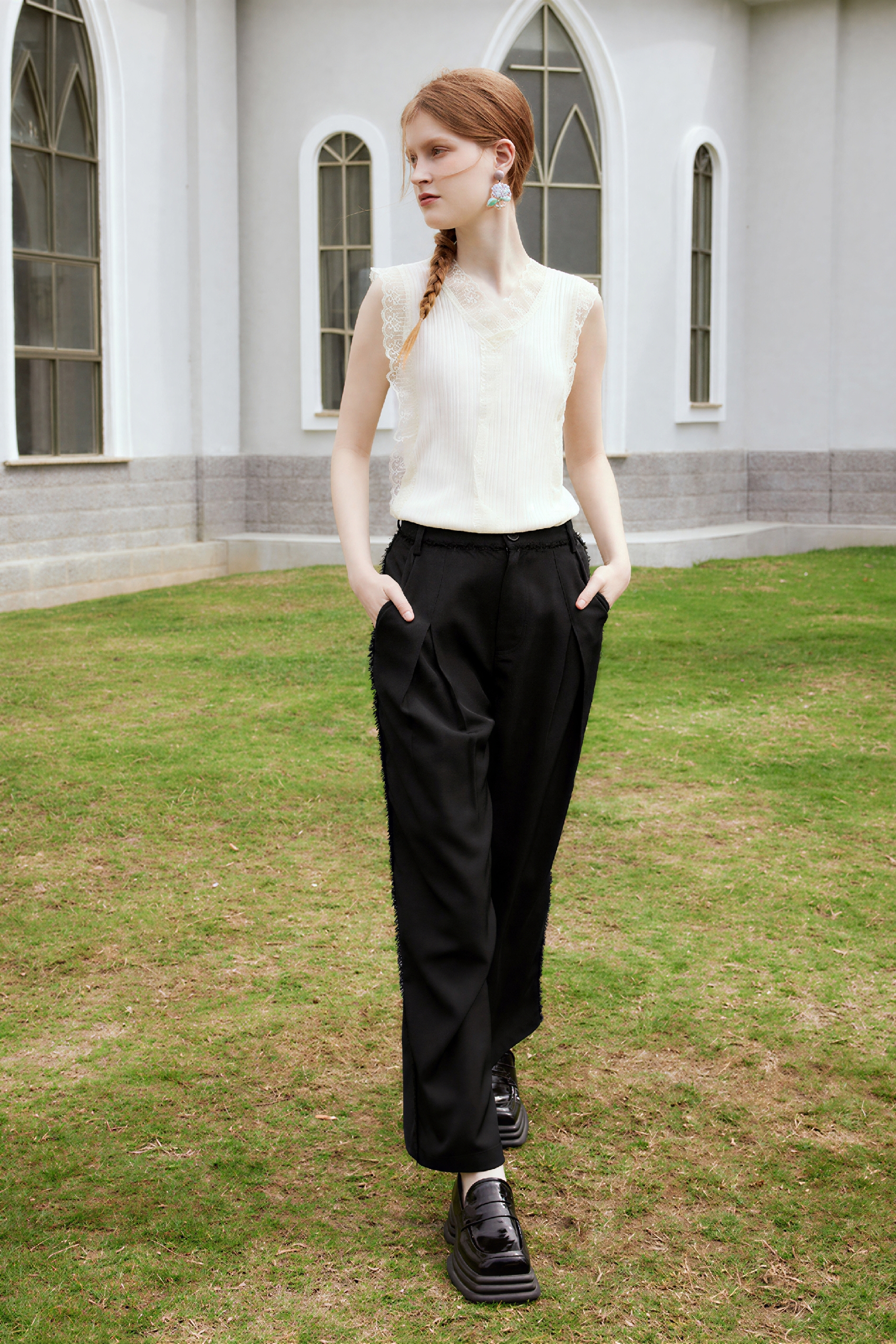 High-Waisted Straight-Leg Raw-Edge Pants-LYONSENS