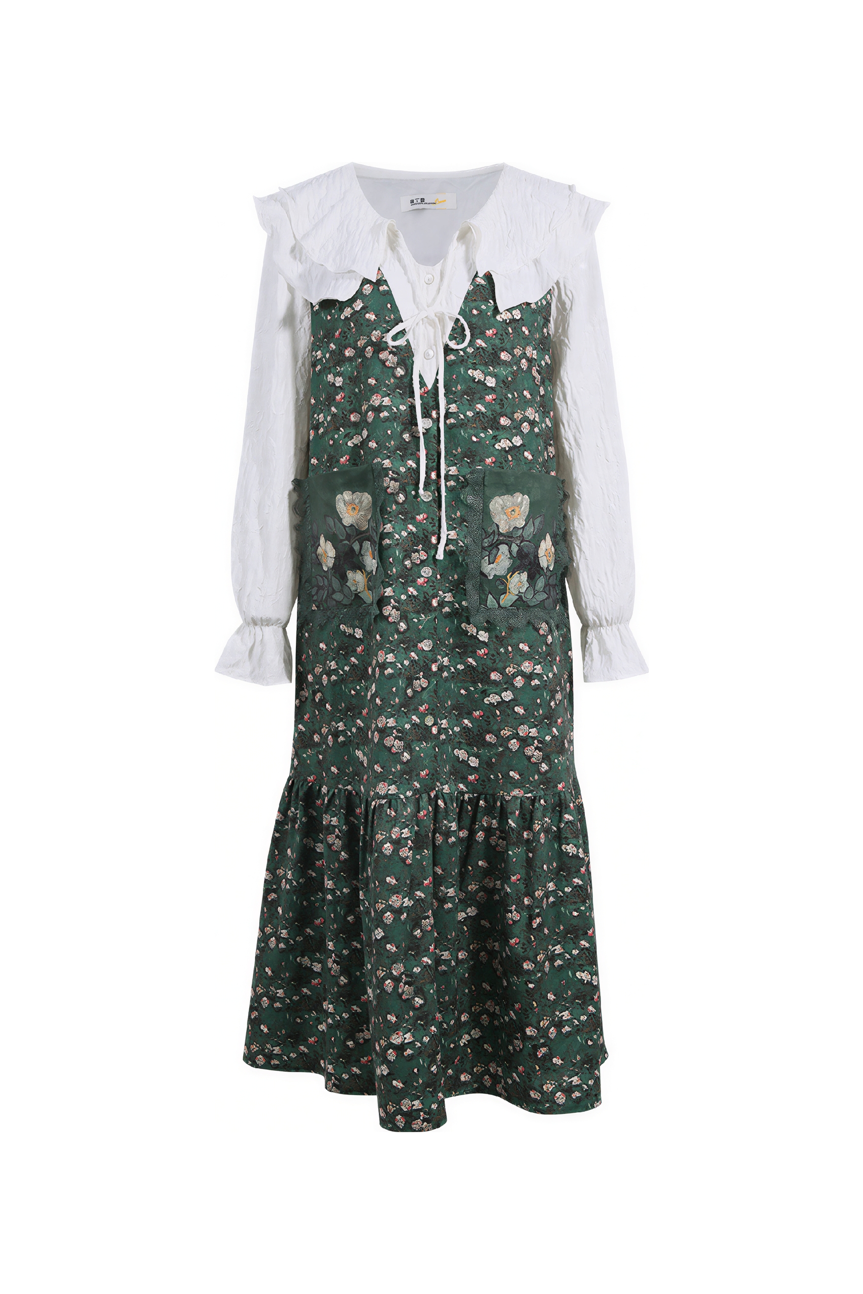 Van Gogh�CInspired Floral Patchwork Double-Collar Layered Dress
