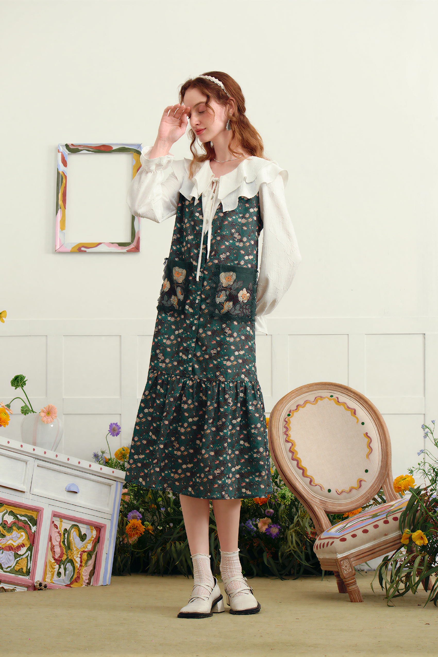 Van Gogh�CInspired Floral Patchwork Double-Collar Layered Dress